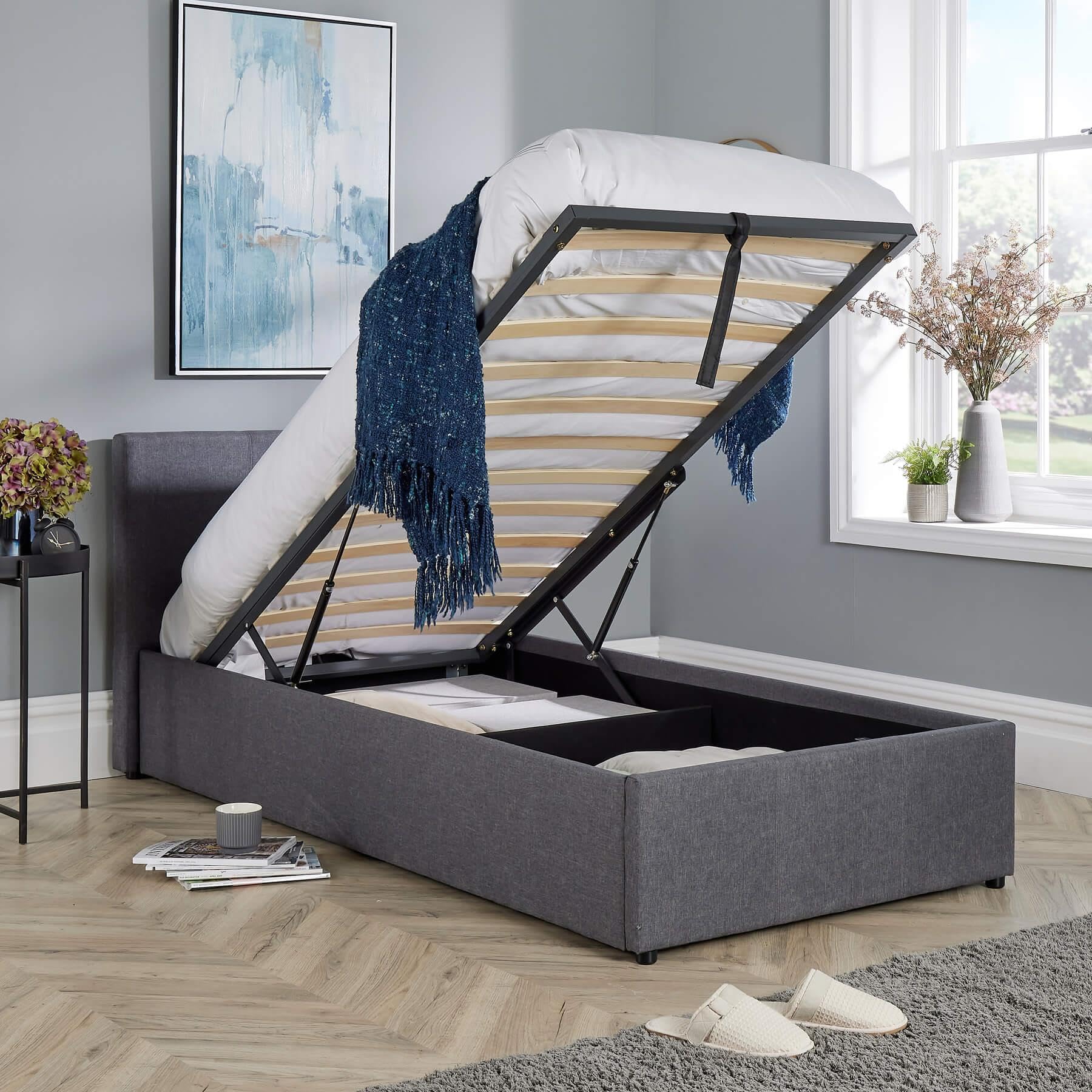 Home Source Single 3ft End Gas Lift Fabric Ottoman Storage Bed, Grey
