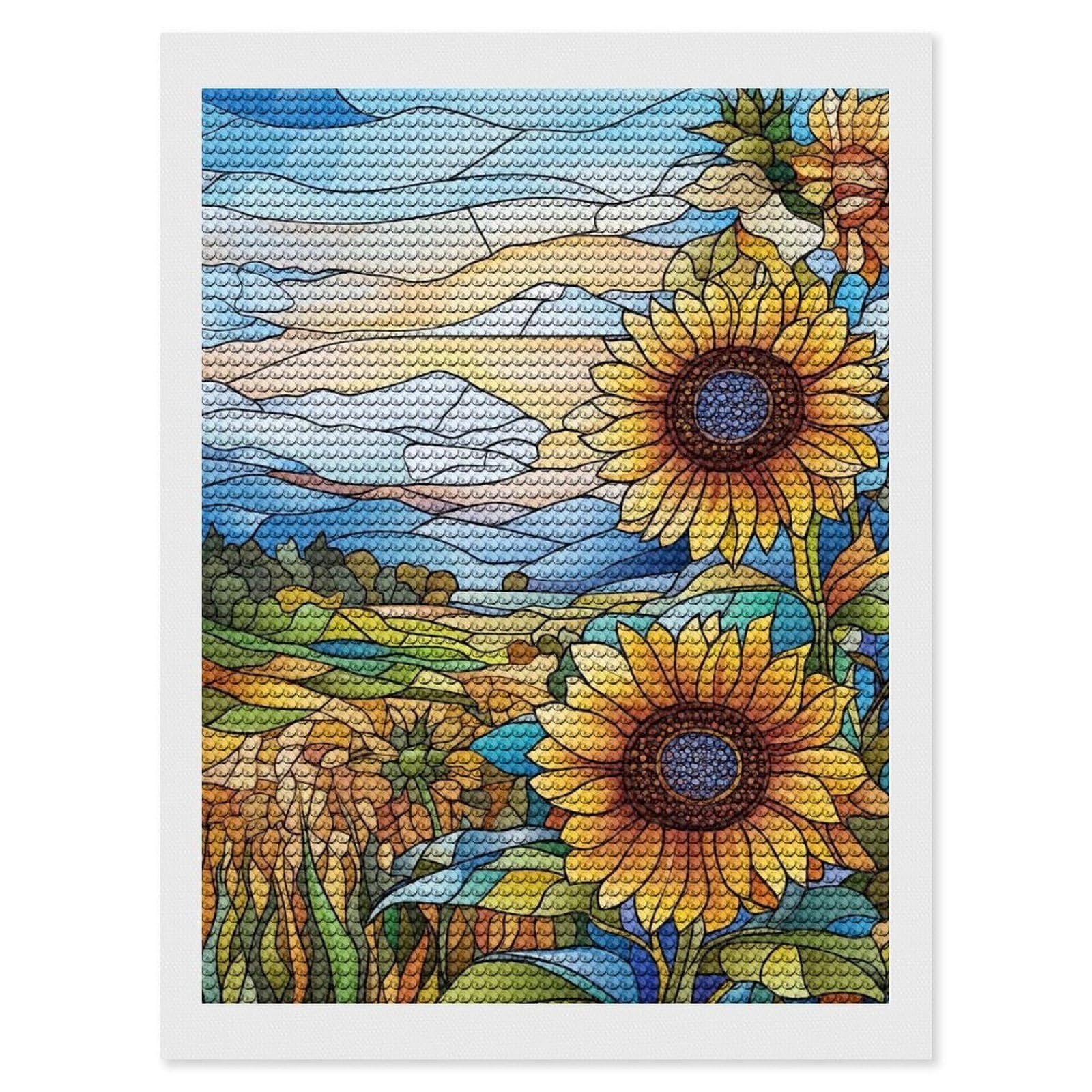 Junmoney Stained Glass Sunflowers DIY Diamond Art Canvas Kit 12"x16", for Teens, Aesthetic Room Decor, Farmhouse Decor, Canvas Picture, Birthday Gift