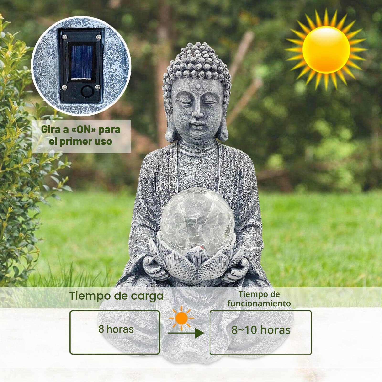 Yeomoo Figura de Buda de meditación para exteriores, decoración de jardín Zen Buda grande con lámpara solar, bola de cristal, figuras de regalo para mamá/mujeres, decoración japonesa para balcón