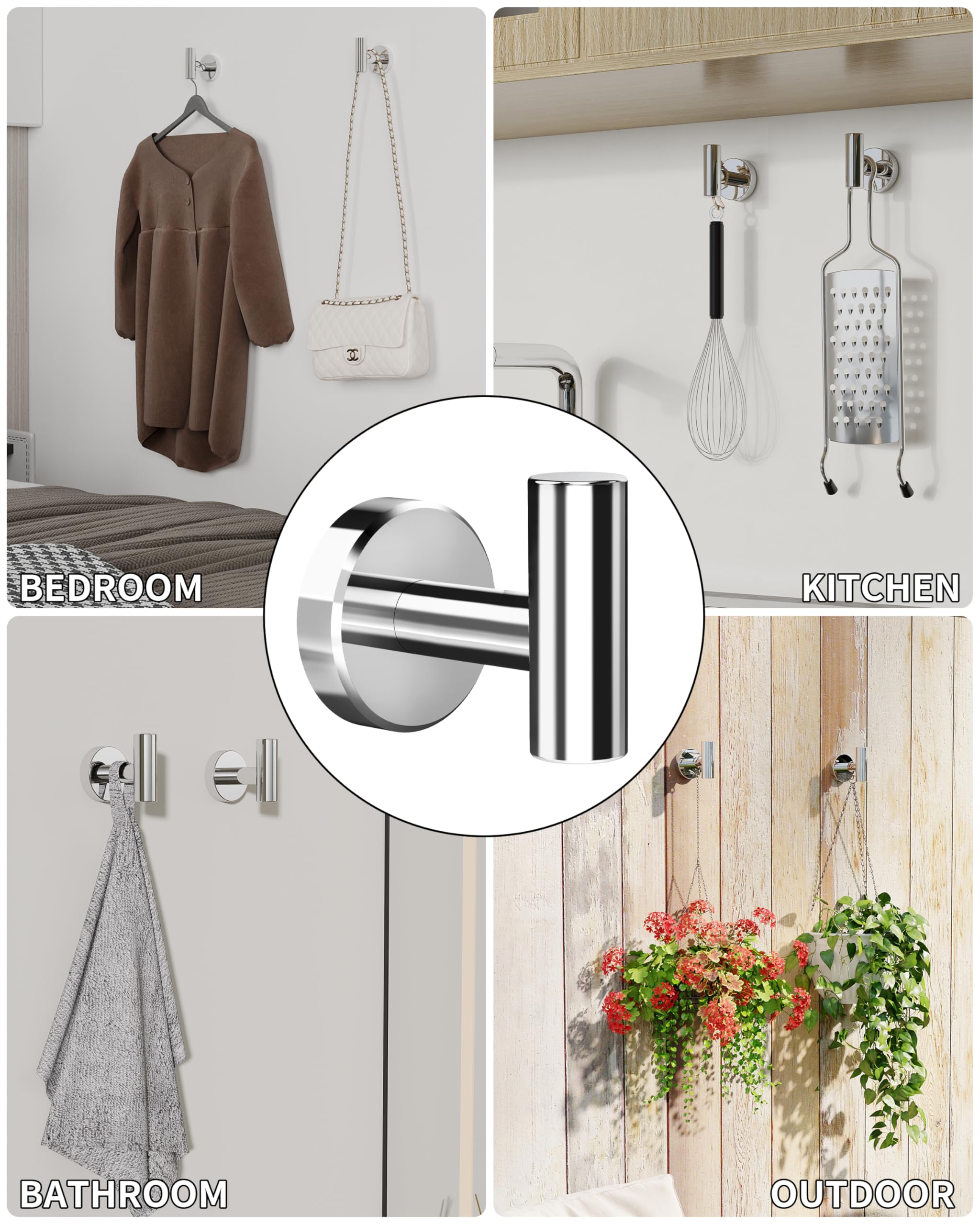 Gancho cromado para toallas de baño, perchero para cocina, garaje, montado en la pared, 2 unidades, acero inoxidable 304, colgador de puerta resistente, gancho de pared para armario de hotel, piscina