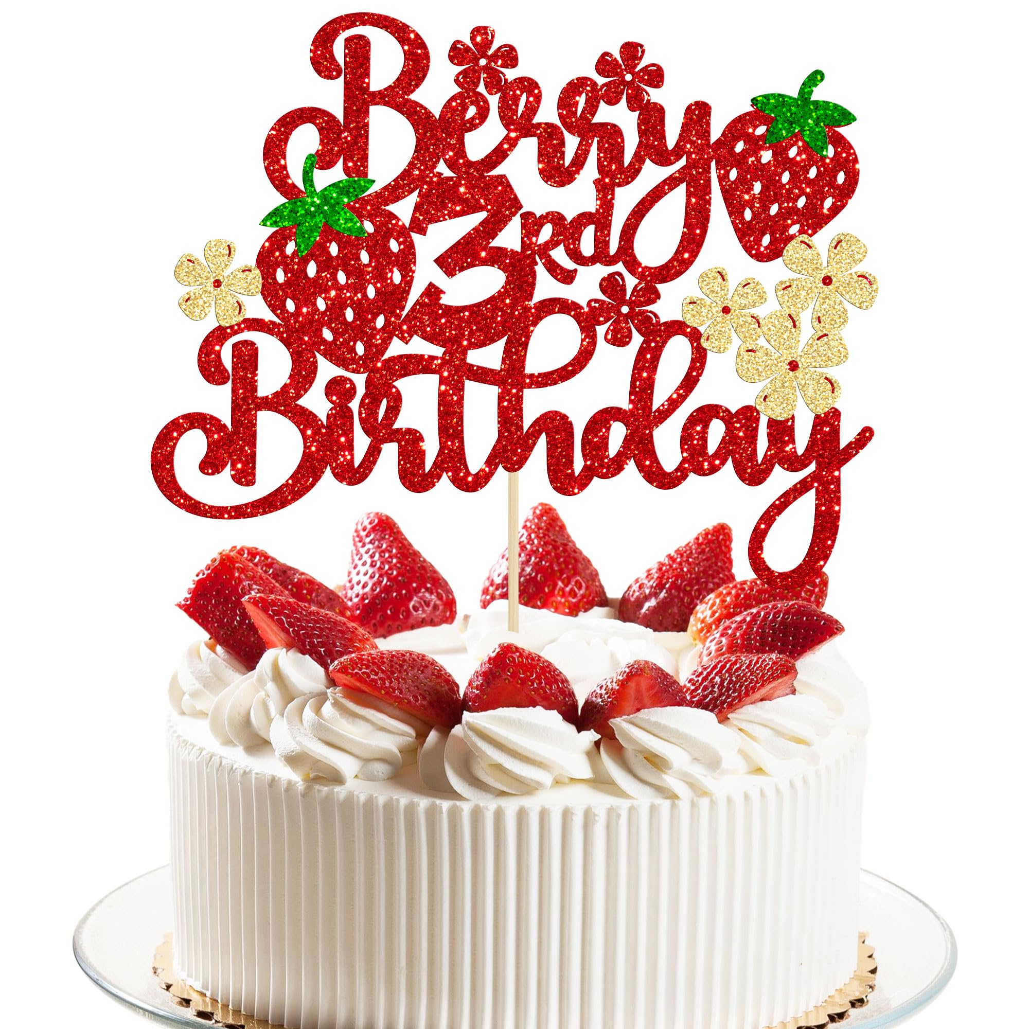 Ephlyn 1Pc Strawberry Berry 3rd Birthday Cake Topper Glitter Flower Sweet Fruit Theme Third Birthday Strawberry Cake Pick for Strawberry Theme Baby