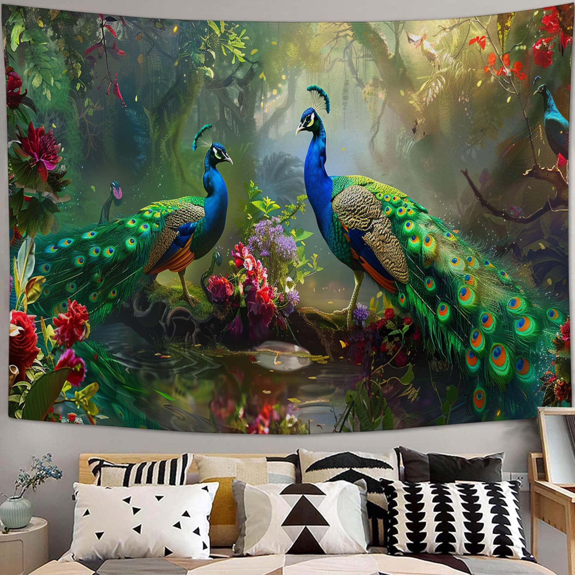 Yowecso Forest Peacock Peacock Tapestry Tapestry Wall Hanging For Bedroom Beautiful Bird Tapestries Aesthetic Wall Decor For Home Dorm Living Room 40"X60"