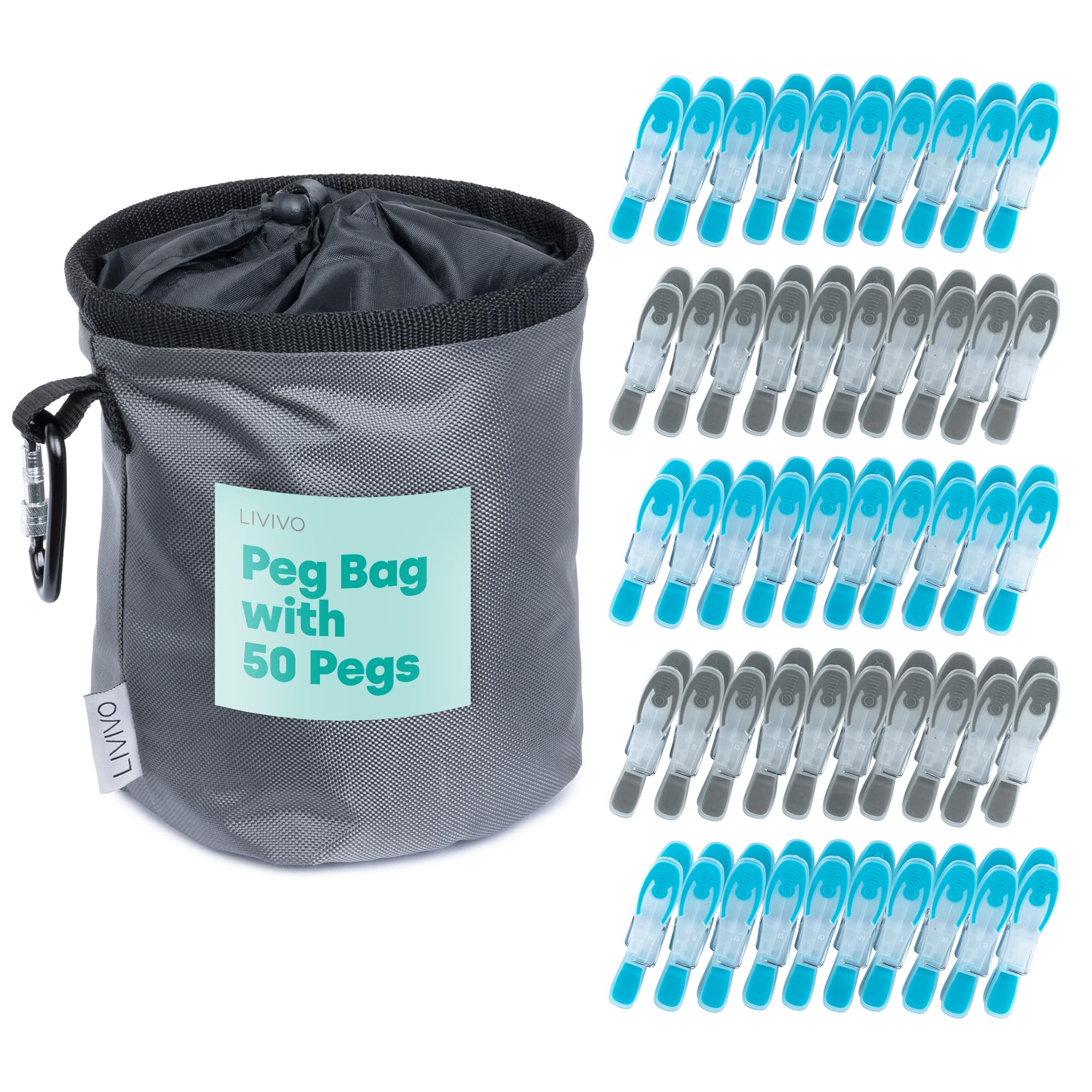 – LIVIVO Clothes Peg Bag for Washing Line with 50-Piece Heavy-Duty Laundry Clips Secure Grip - Waterproof Peg Bag with Pegs, Soft Touch Pads & Carabiner Clip for Outdoor Use