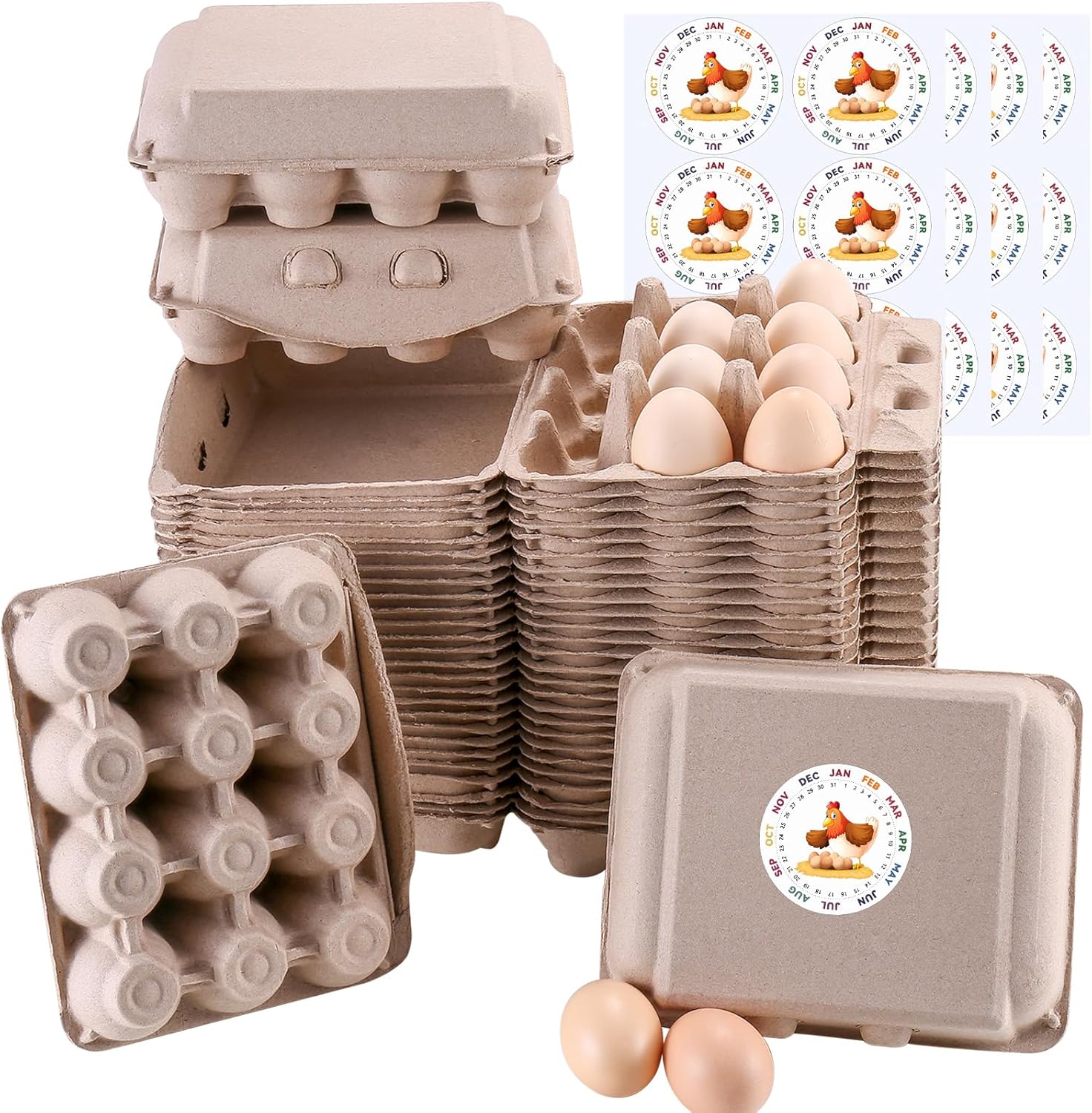 50 Pcs Vintage Egg Cartons with Labels, Square Dozen Egg Basket Blank Natural Paper Pulp, Classical 3x4 Style Holds Up to One Twelve 12 Count Chicken Eggs, Sturdy Eggs Box with Stickers