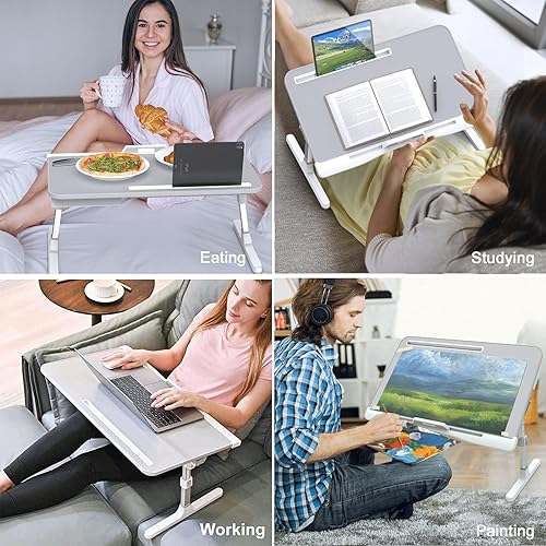 Miniatura 6 de Escritorio de cama para laptop, escritorio ajustable para portátil con patas plegables, cajón de almacenamiento, ranura para tableta, tapón