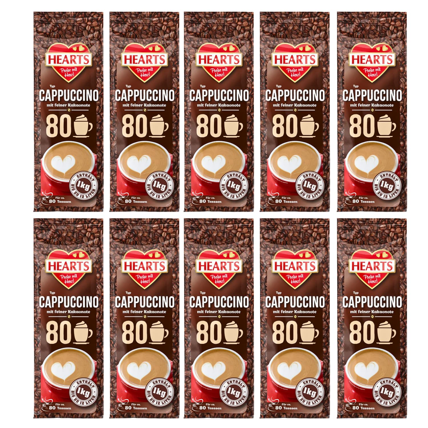 HEARTS Cappuccino con fina nota de cacao 10 x 1 kg – Paquete aprox. 80 tazas por bolsa, aroma intenso, lechoso y cremoso, práctico paquete familiar