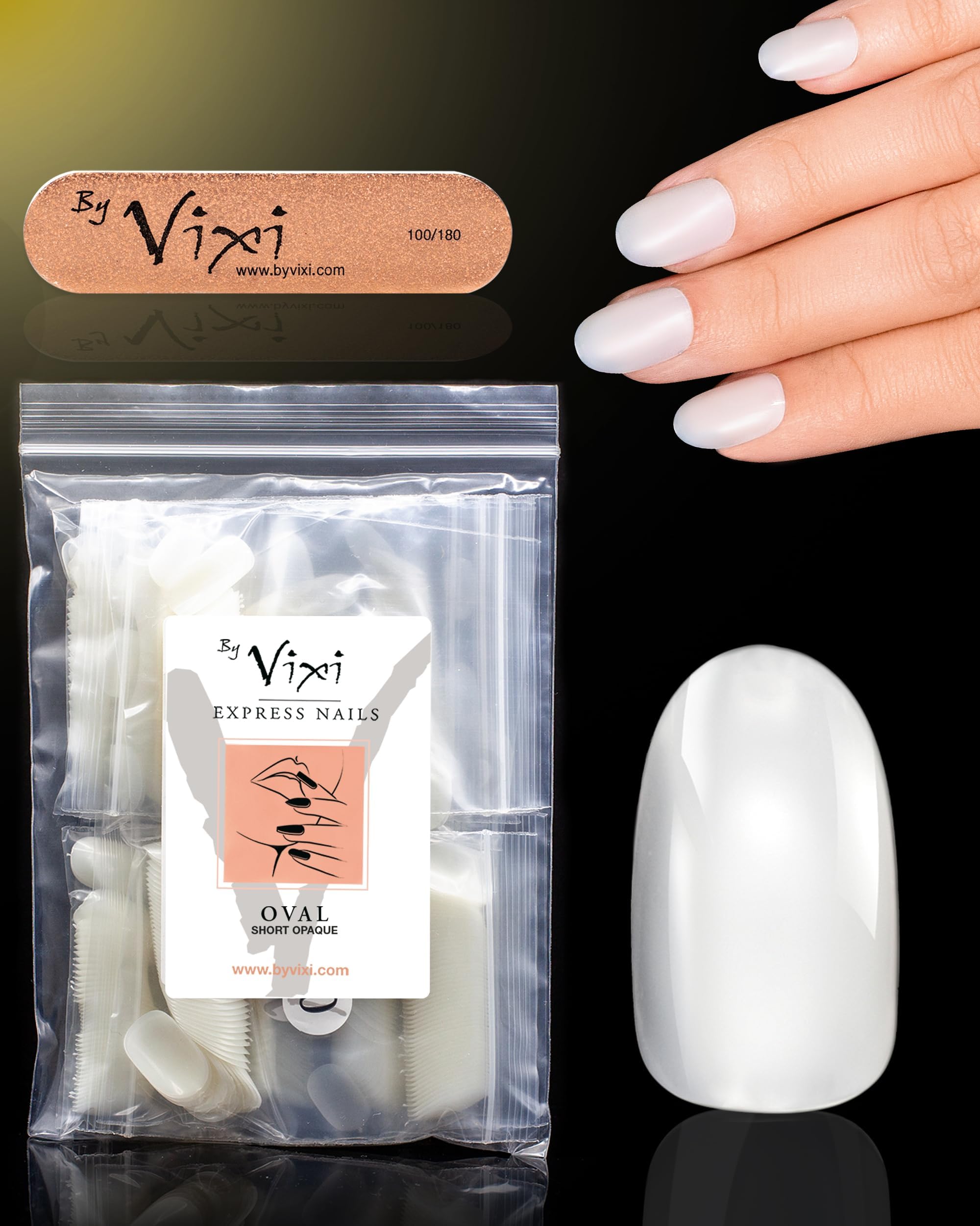 600 Short Oval Press On Nails Set with By Vixi Prep File – Natural Full Cover False Nails, Stick On Fake Nail Tips, 10 Sizes, Acrylic Nail Extensions for Gel Polish & Nail Art