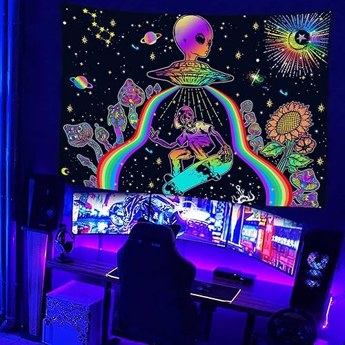 Miniatura 4 de Tapiz de pared con diseño de esqueleto y esqueleto de luz negra, diseño floral reactivo a los rayos UV, estética, galaxia, espacio (40 x 60 pulgadas)