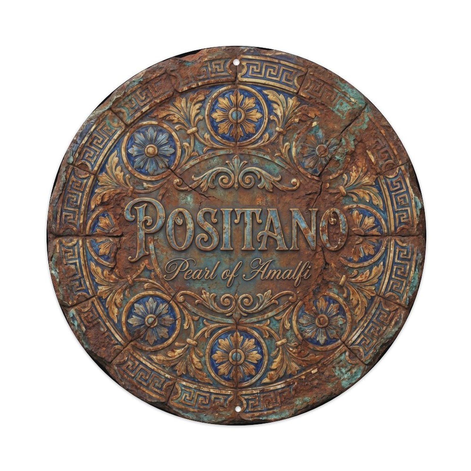 Amalfi Coast Positano Campania Mediterranean Seaside Metal Tin Sign Plaque Wall Decor for Cafe, Man Cave, Club Bar, Office, Home Garden Round Metal Poster 8x8Inch