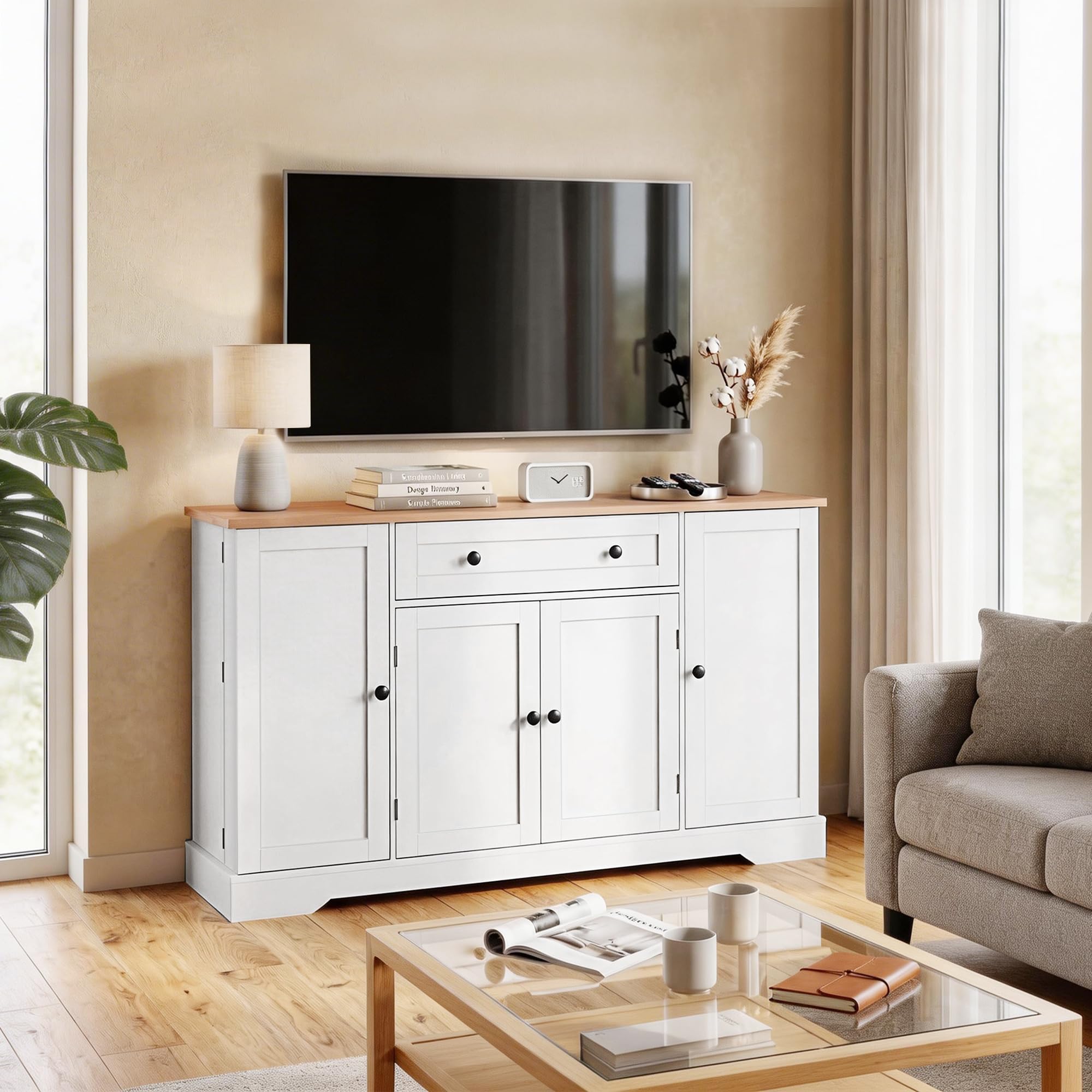 HOMCOM Aparador Armario de Cocina Moderno con Cajón 138x40x83,5 cm Blanco | Estantes en las Puertas, Estantes Ajustables, Barra de Café, para Cocina, Comedor