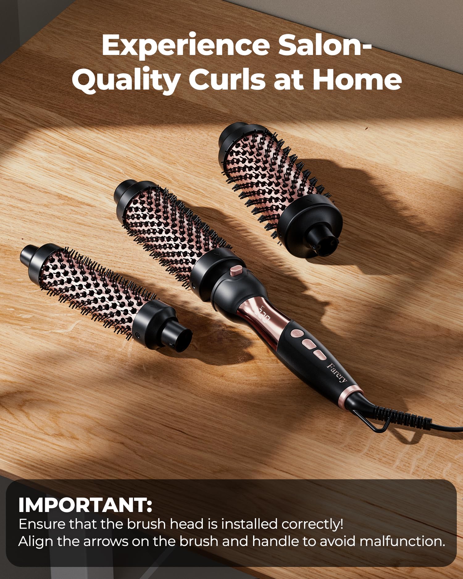 Farery Rizador de pelo térmico de 9 temperaturas Cepillos calientes para cabello medio a grueso y grueso, cepillo de cerámica de calentamiento rápido, cabezales de cepillo intercambiables, con doble