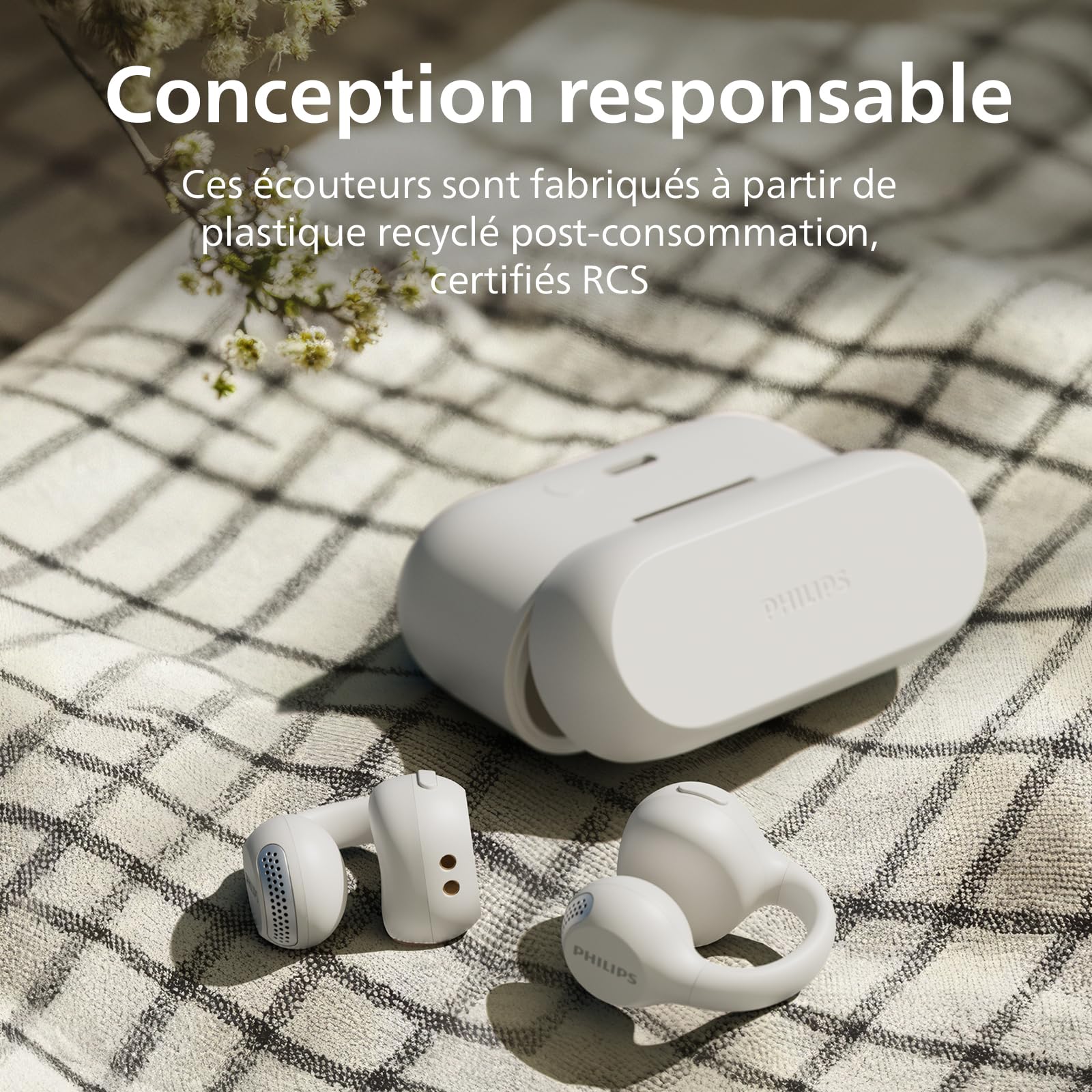 PHILIPS TAQ2000WT écouteurs True Wireless Style oreillette, Conception Open Ear - multipoint Bluetooth, autonomie 28 Heures, boîtier de Charge en Format de Poche, appels clairs - Blanc