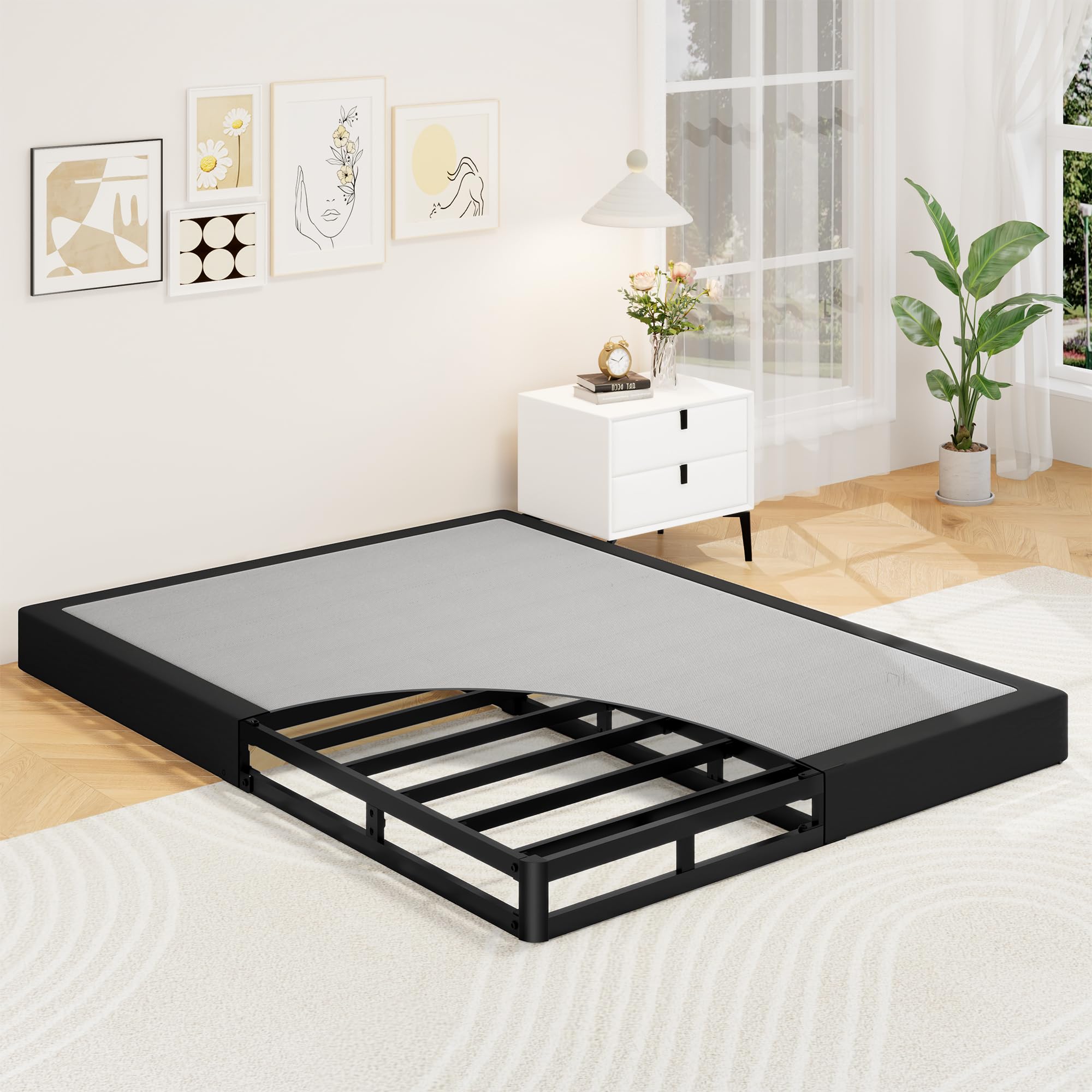 Box Spring for Queen Bed, 5 Inch Low Profile Queen Box Spring Only Bed Base, Heavy Duty Metal Frame Mattress Foundation with Fabric Cover, Easy Assembly-Noise Free