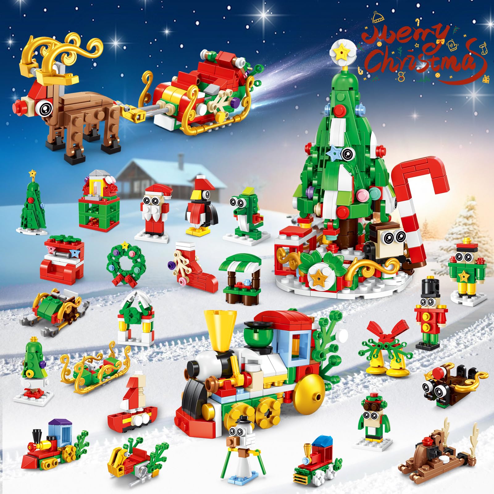 Christmas Building Blocks Set for Kids, Christmas Tree Building Blocks, 24 Days Christmas Countdown Calendar 12 In 1 Xmas Tree Train Elk Building Toys, Xmas Stocking Gifts for Boys and Girls