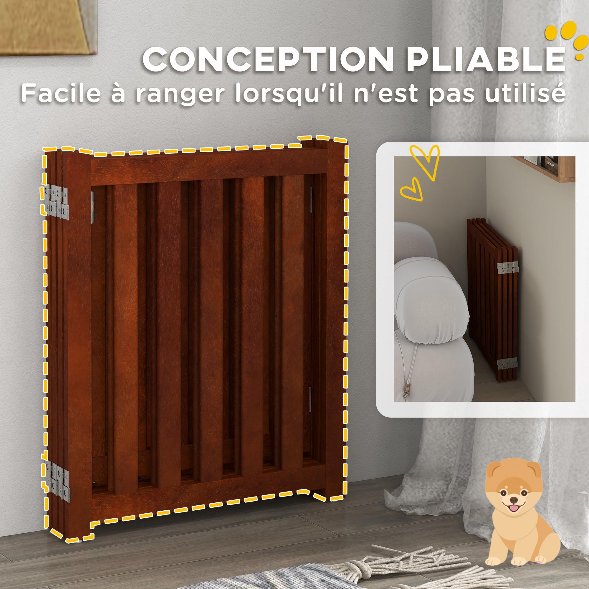 PawHut Recinto per cani in legno bifacciale pieghevole e autoportante, recinto per cani da interno a 4 pannelli con porta, con piedini di sostegno, per animali domestici, 205 x 60 cm, marrone