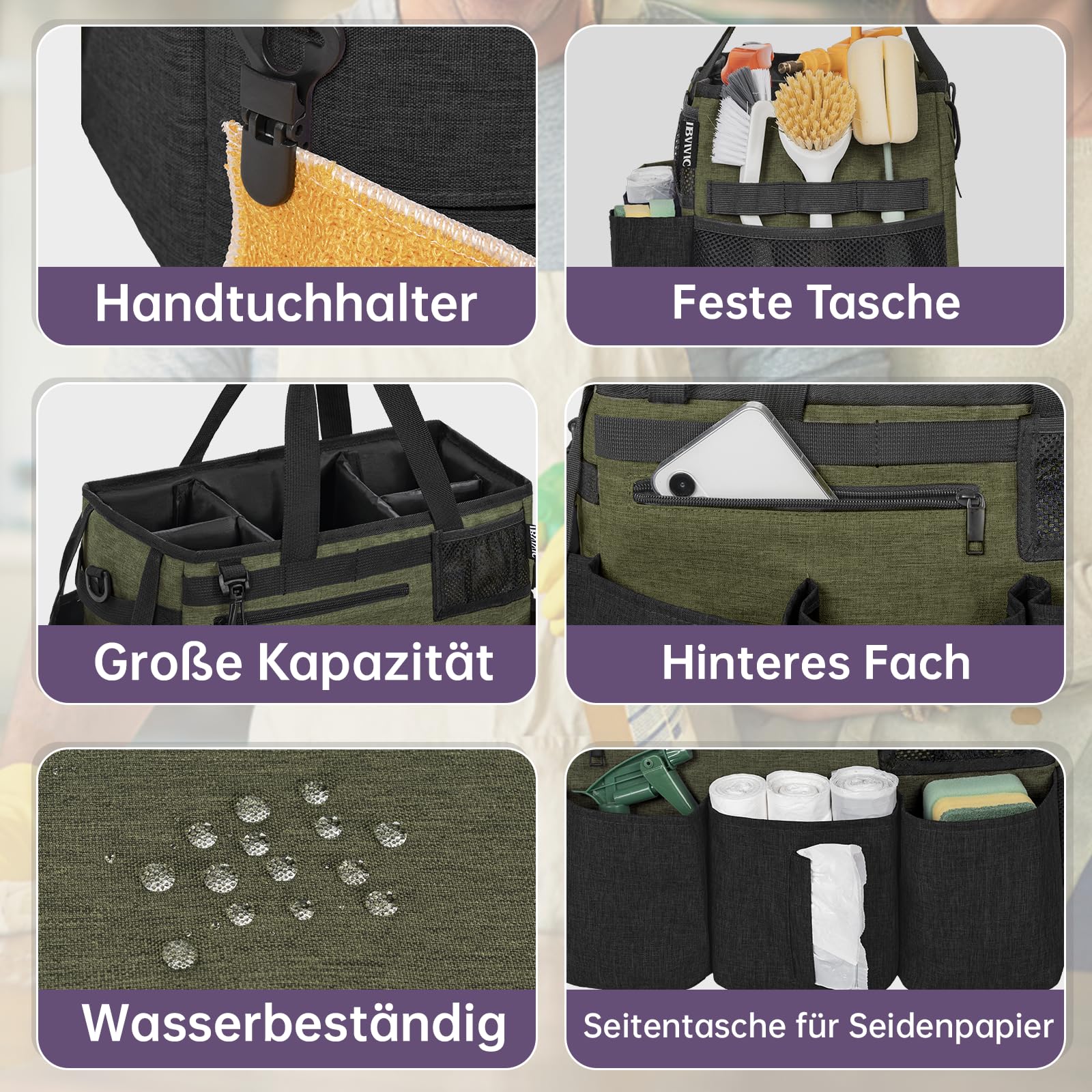 OUUTMEE Reinigungstasche 38 x 22 x 26 cm,Mit herausnehmbarem Fach Tote Reinigungstasche，Tragbarer Organizer für Reinigungsmittel Mit verstellbarem Schultergurt，Grün Groß