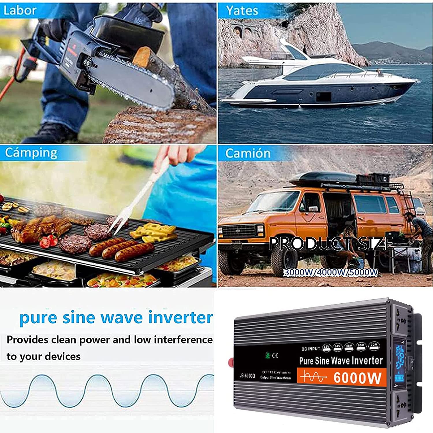 12 V / 24 V / 48 V / 60 V DC na 230 V AC falownik falowy 12 V / 24 V / 4000 W / 6000 W do samochodów kempingowych