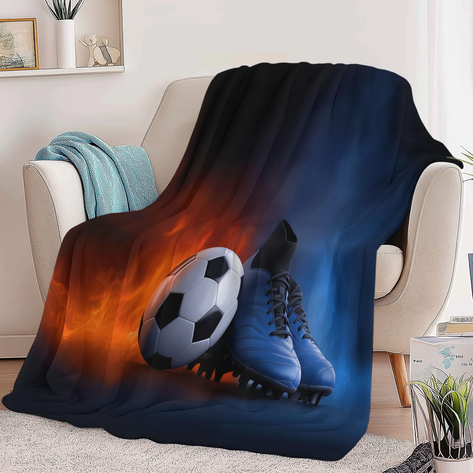 Midnight Blue, ultramiękki koc flanelowy, narzuta, 180 x 200 cm, pluszowe i ciepłe, sportowe buty do piłki nożnej, nadruk płomieni, lekki koc na łóżko, na sofę, podróż i dla dzieci dorosłych, 180 x