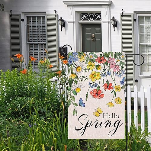 Miniatura 6 de Artofy Bandera decorativa pequeña de flores de primavera para jardín, patio, césped, decoración exterior, arpillera de temporada con diseño de Hello