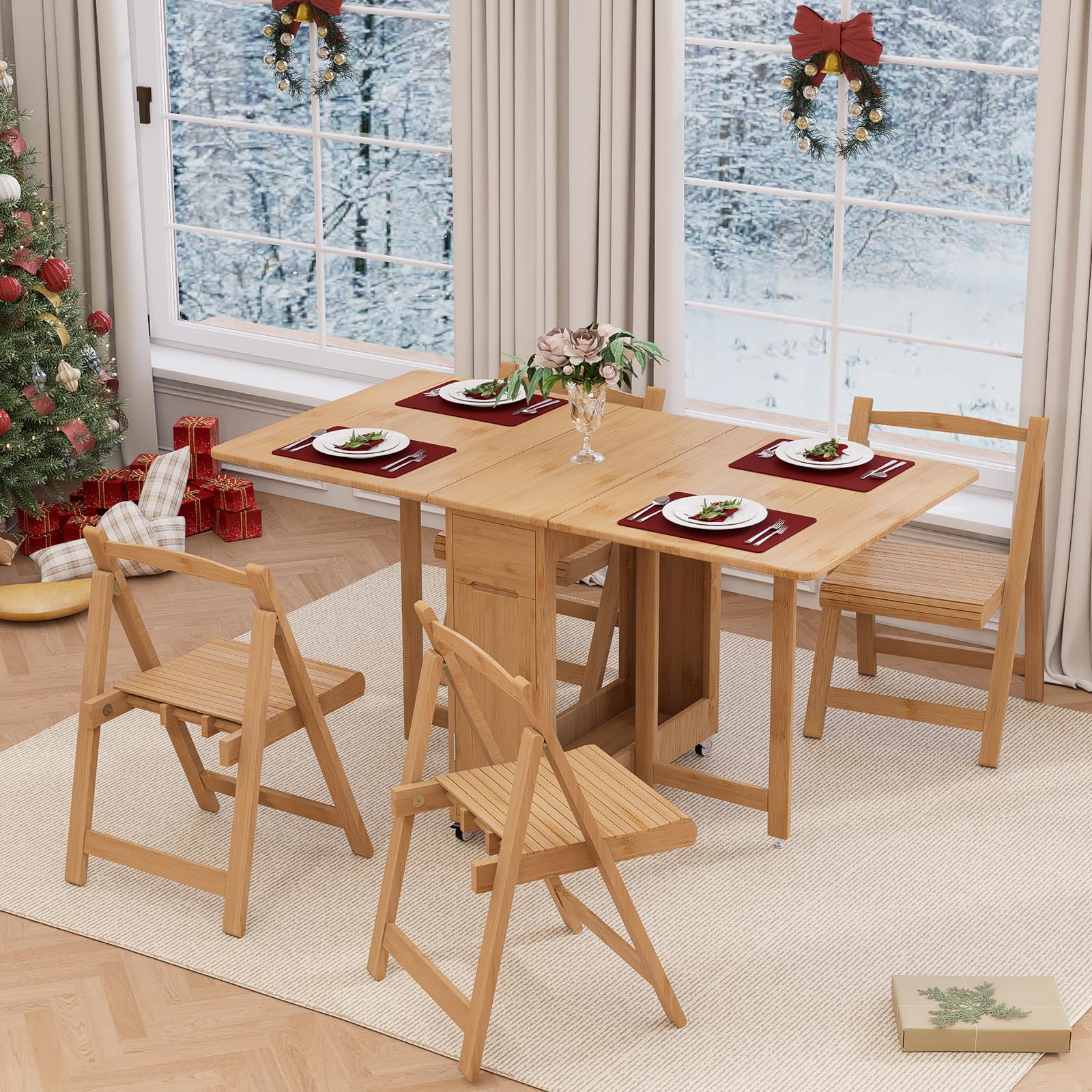 CHQUZH Folding Dining Table Set for 4 with Chairs,Saving Spaces Foldable Drop-Leaf Table Bamboo Collapsible Dinette with Storage for Small Spaces