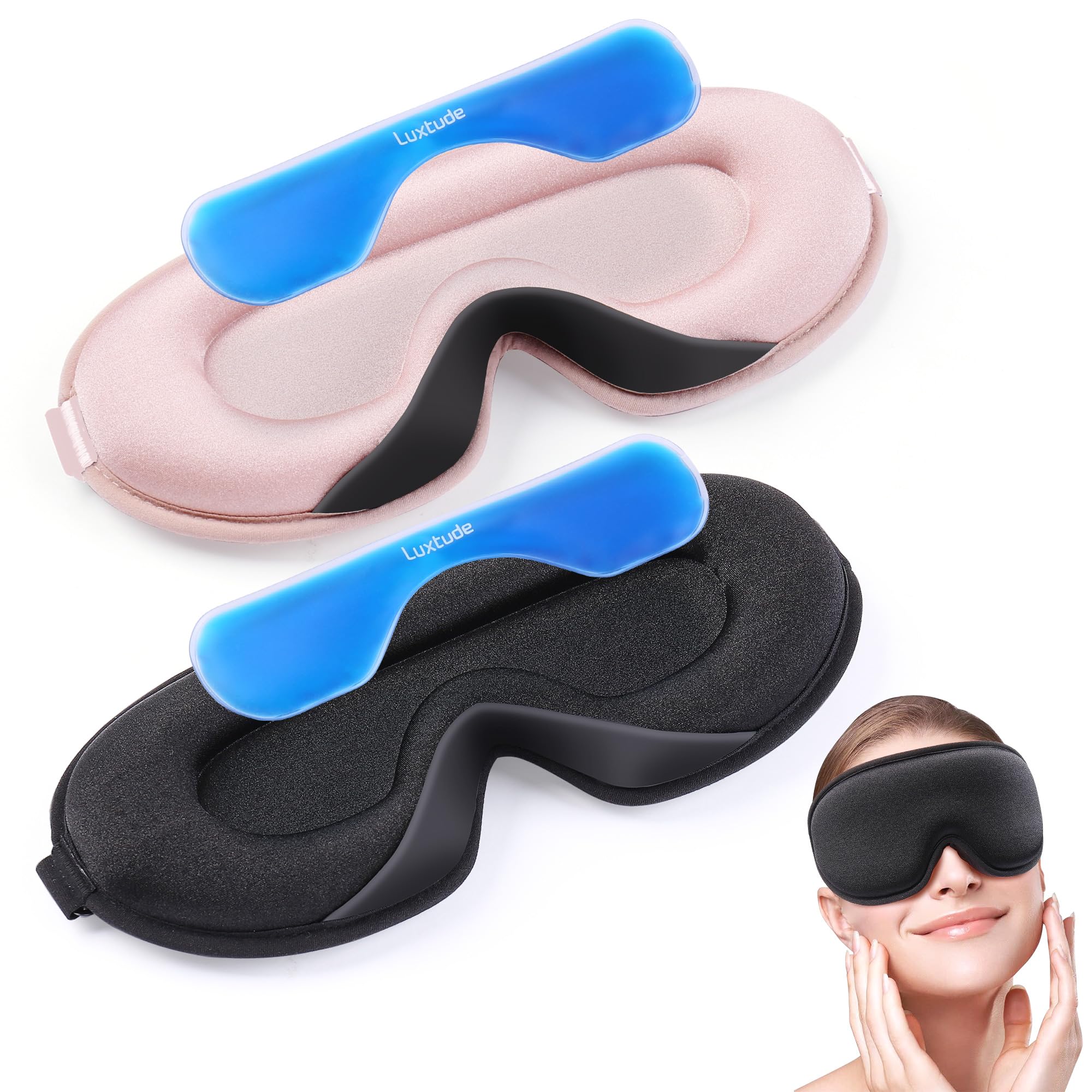 LuxtudeCooling Eye Mask, Hot Cold Gel Ice Pack for Dry Eyes/Dark Circles/Puffiness, Upgraded 3D Contoured Night Sleep Mask Block Out Light, Blindfold Eye Shade Cover for Women Men Travel (2Pack)