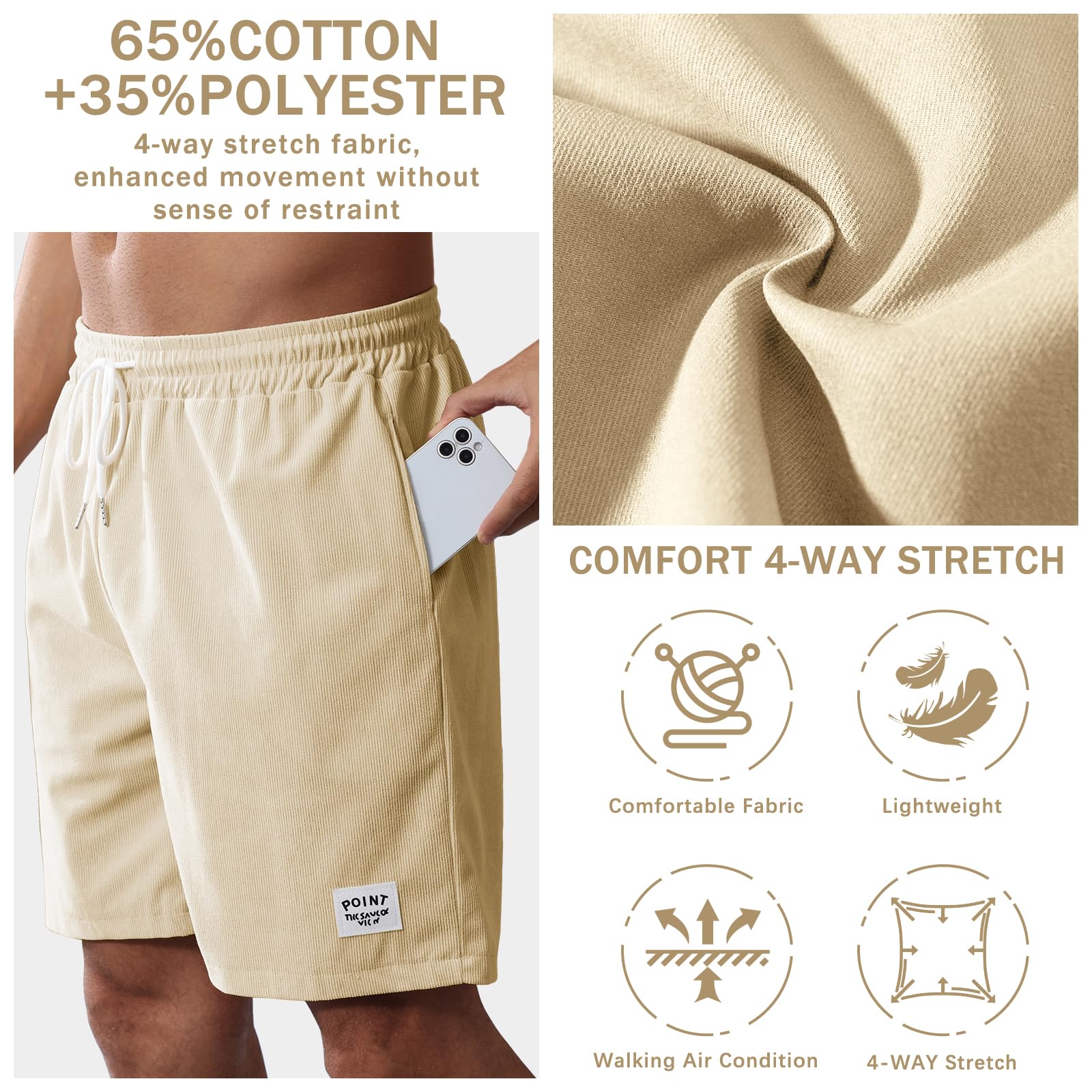 Pantalones Cortos Hombre Algodon Pana Casual Shorts con Bolsillos