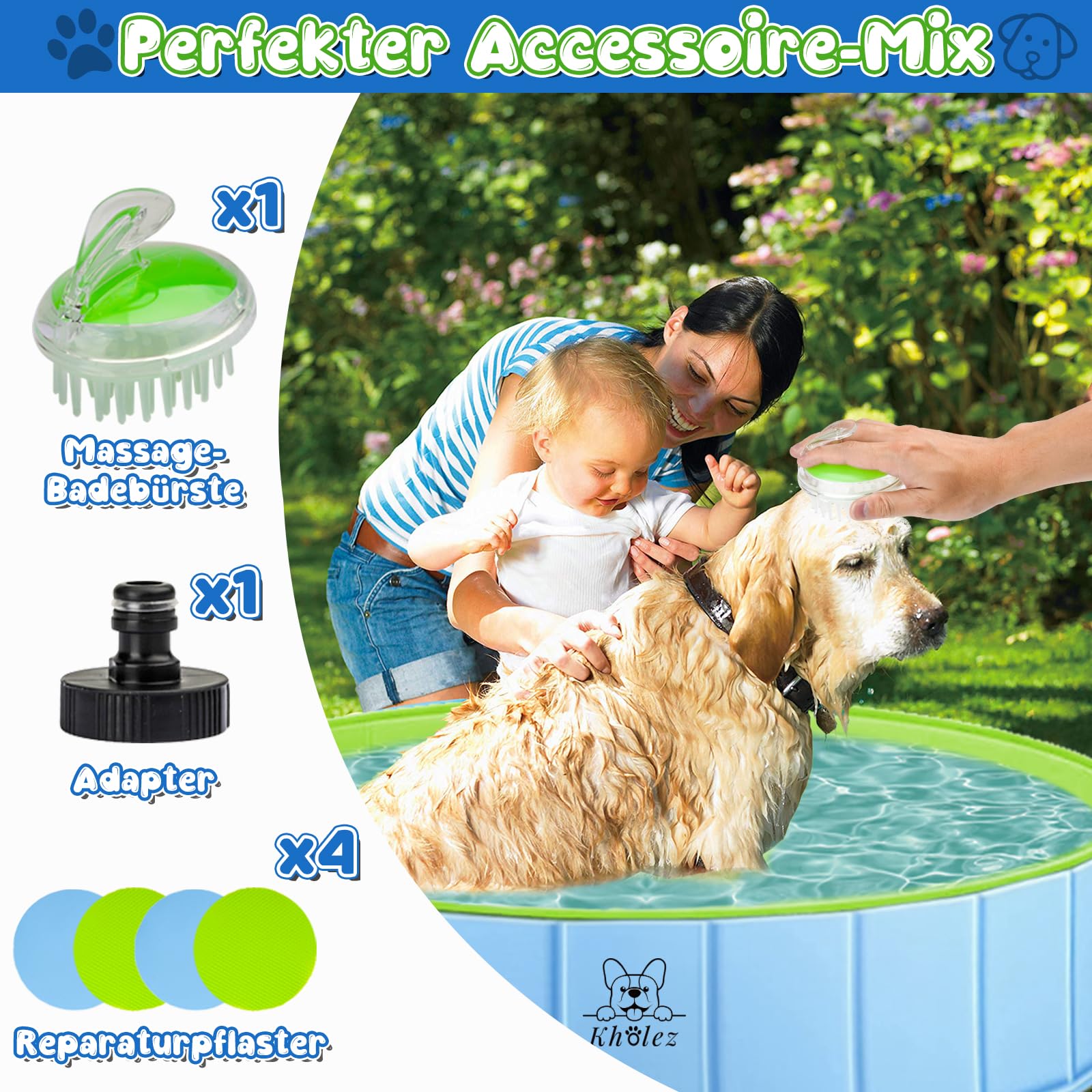KHOLEZ Hundepool, 120 x 30CM Hundebadewanne für Große Kleine Hunde, Faltbarer Hund Planschbecken für Kinder, Tragbar Swimmingpool Schwimmbecken rutschfest mit Badebürste Ablassventil PVC-Aufnäher x 4