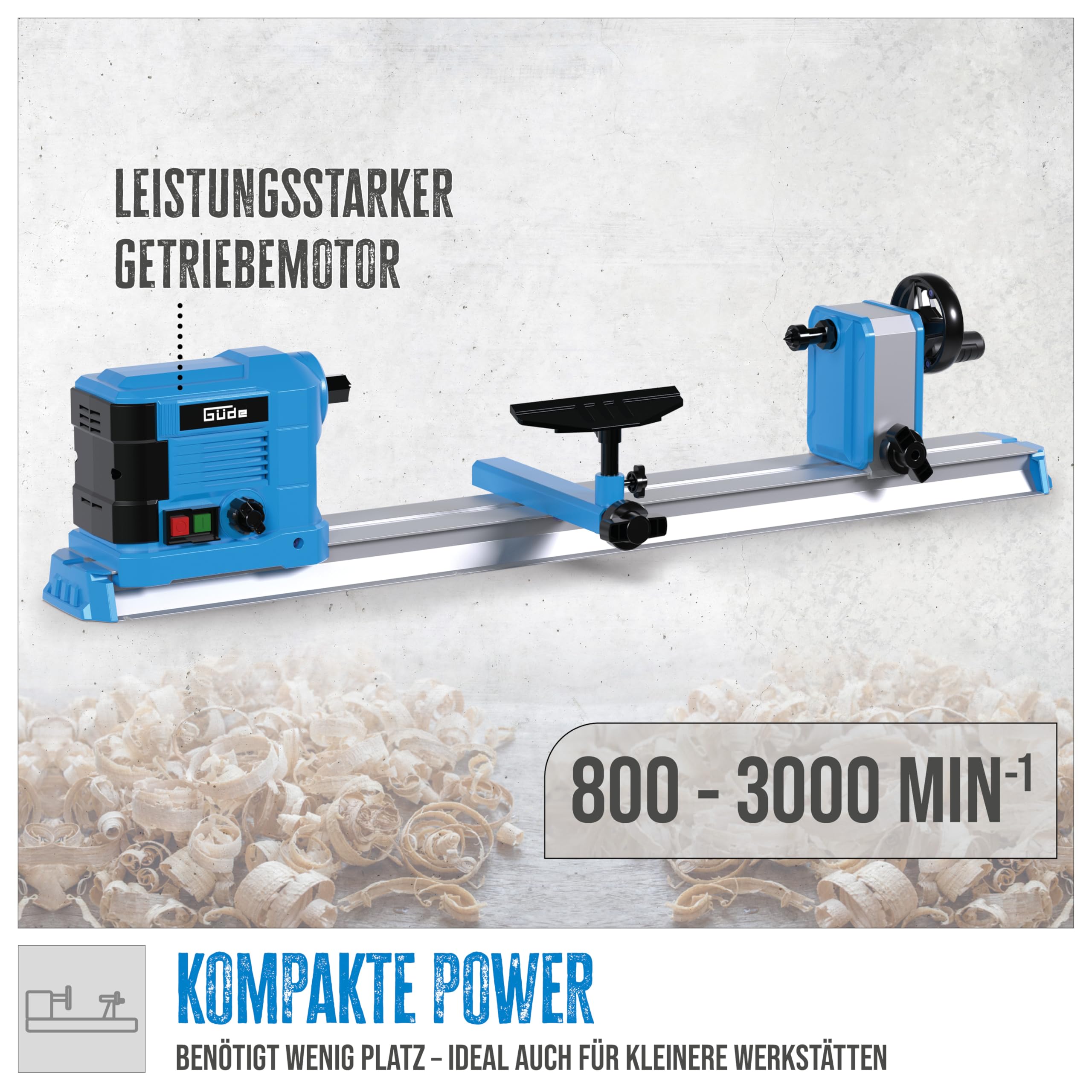Güde Drechselmaschine GDM 600 (Getriebemotor 550 W, 800-3000 1/min, Softstarter, variable Geschwindigkeit, M18-Gewinde, Körnerspitze, Reitstock, Werkzeugauflage, für Werkstücke bis 600 mm/ø 250 mm)