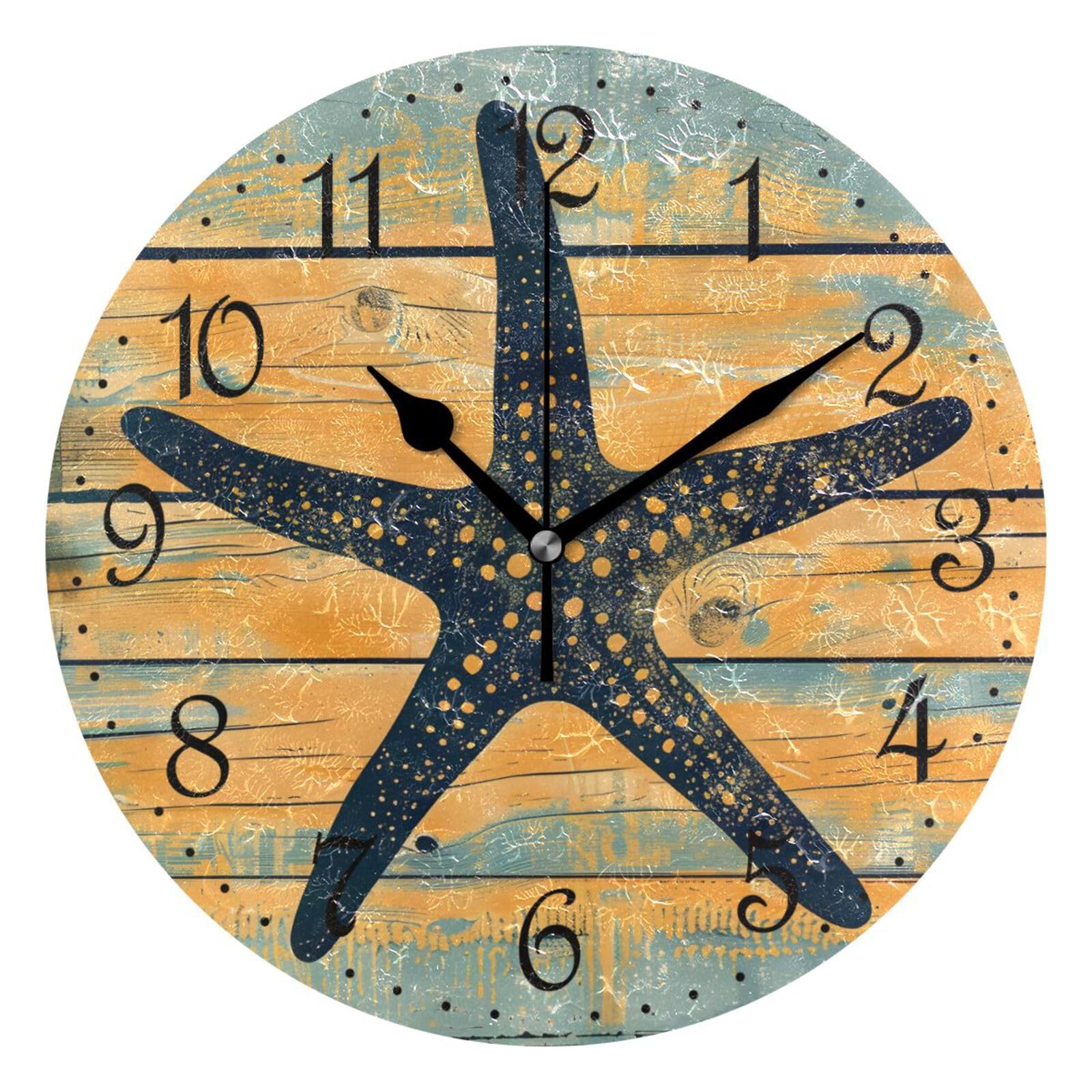 Mnsruu Wall Clock Starfish Vintage Wooden, Silent Non-Ticking Decorative Wall Clocks Battery Operated 25x25cm