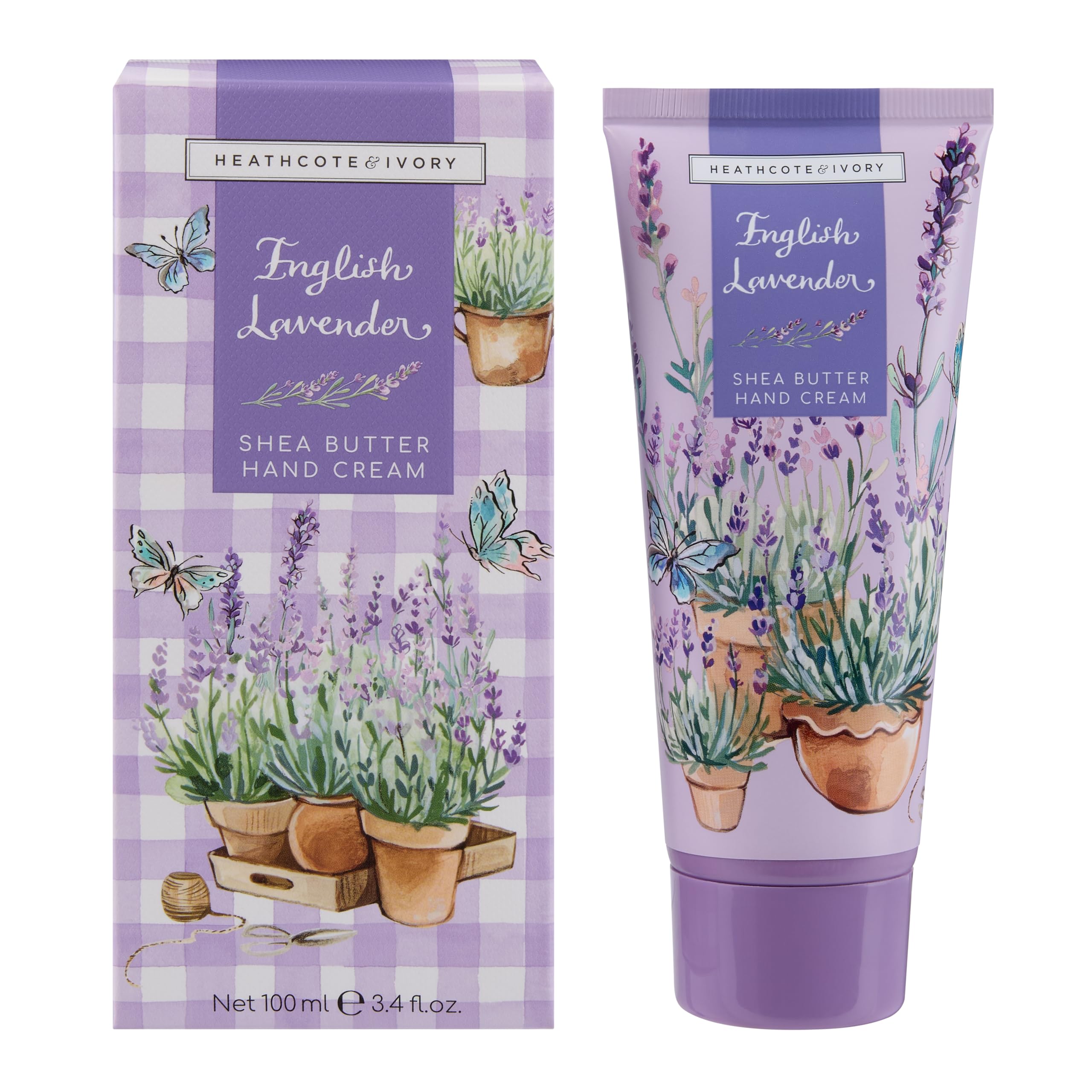 Heathcote & Ivory Hand Cream 100ml, Lavender Scented Moisturiser, Shea Butter, Essential Oil, Argan Oil, Travel Size, Vegan and Cruelty Friendly, Beauty Gift for her