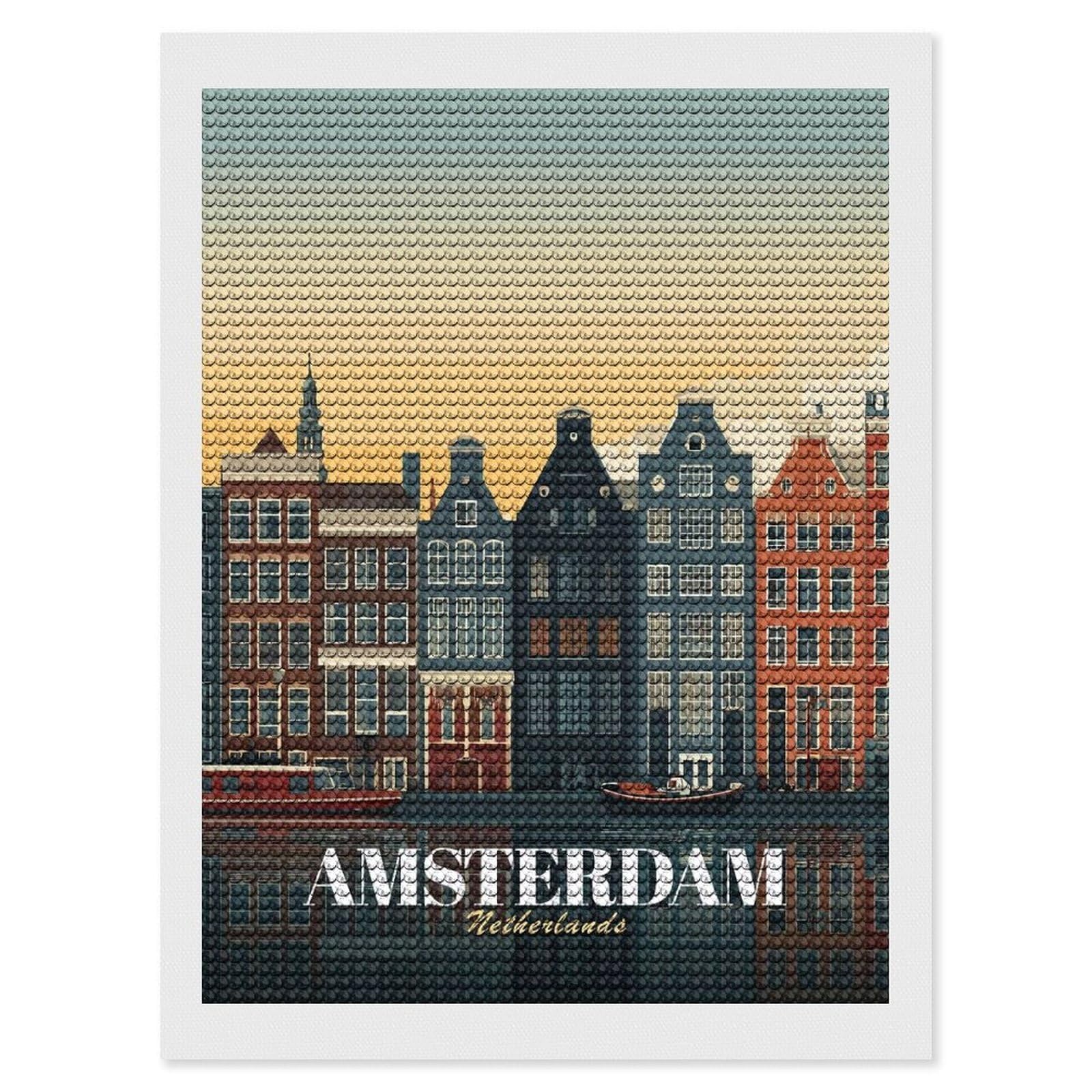 Junmoney Amsterdam Netherlands Cityscape Illustration Crystal Diamond Art Kit 12"x16", Stress Relief Craft, Decorative Artwork, Vintage Style Decor, Birthday Gift