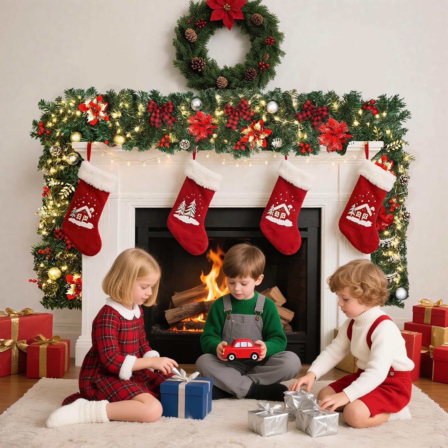 9FT Christmas Garland Decorations, Pre-Lit Christmas Garland with 60 LED Lights, Garlands for Mantle with Pine Cones, Flower, Berries, Bows, Ball, Leaves, Indoor & Outdoor Christmas Decor