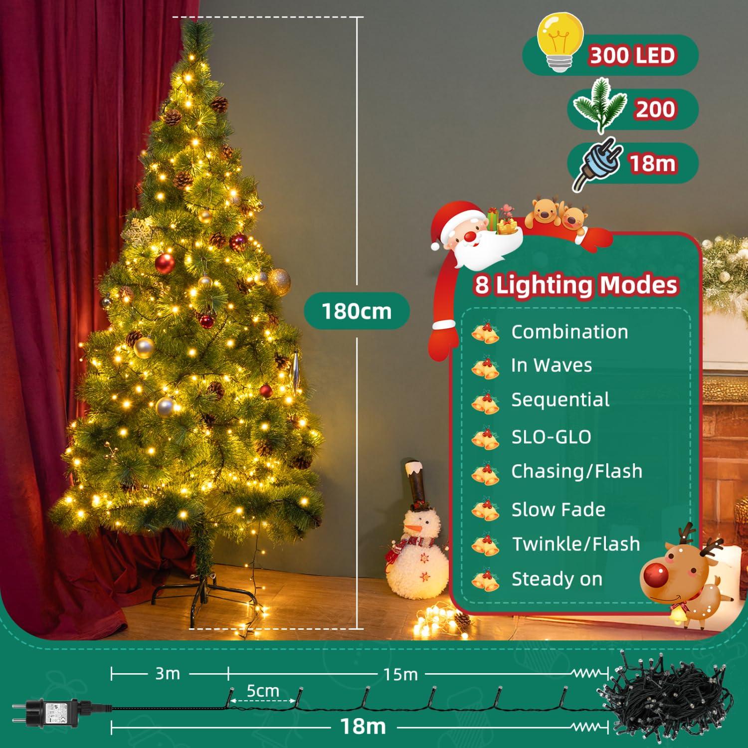Aigostar 180 CM Árbol de Navidad Artificial,con Cadena de Luces LED de 18 M,300 LED Blanco cálido,8 Modos de Iluminación,Ramas Aguja de Pino con Piñas,Verde,Incluye Soporte de Meta