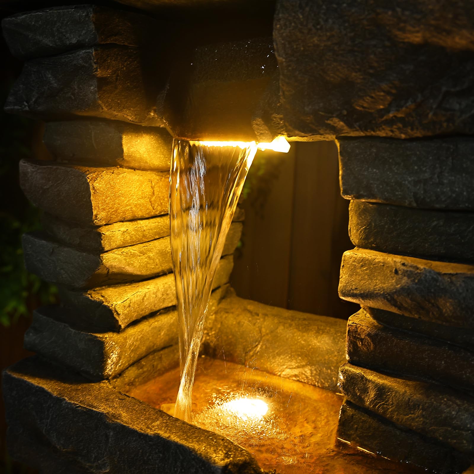 Tankana 59 inches Outdoor Water Fountain Waterfall — Large Garden Rock Fountains 4-Tiered Waterfall Outdoor with Lights, Natural Stone Look Hollow Fountain for Patio Pool Porch Backyard, Stone Gray