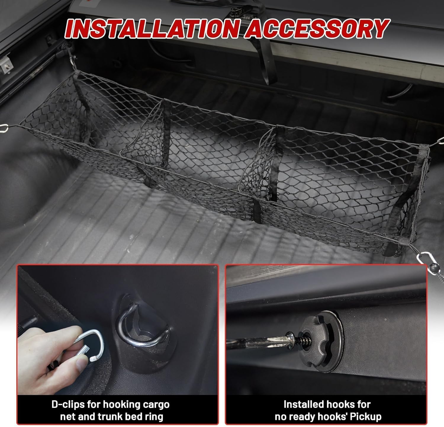 RED WOLF 3 Pocket Truck Bed Cargo Net for Toyota Ford Dodge GMC Chevy Silverado, Universal Pickup Mesh Storage Net 47.2" x 11.8" Stretchable Elastic Truck Bed Grocery Holder Net with 4 Ball Bungees - Image 5