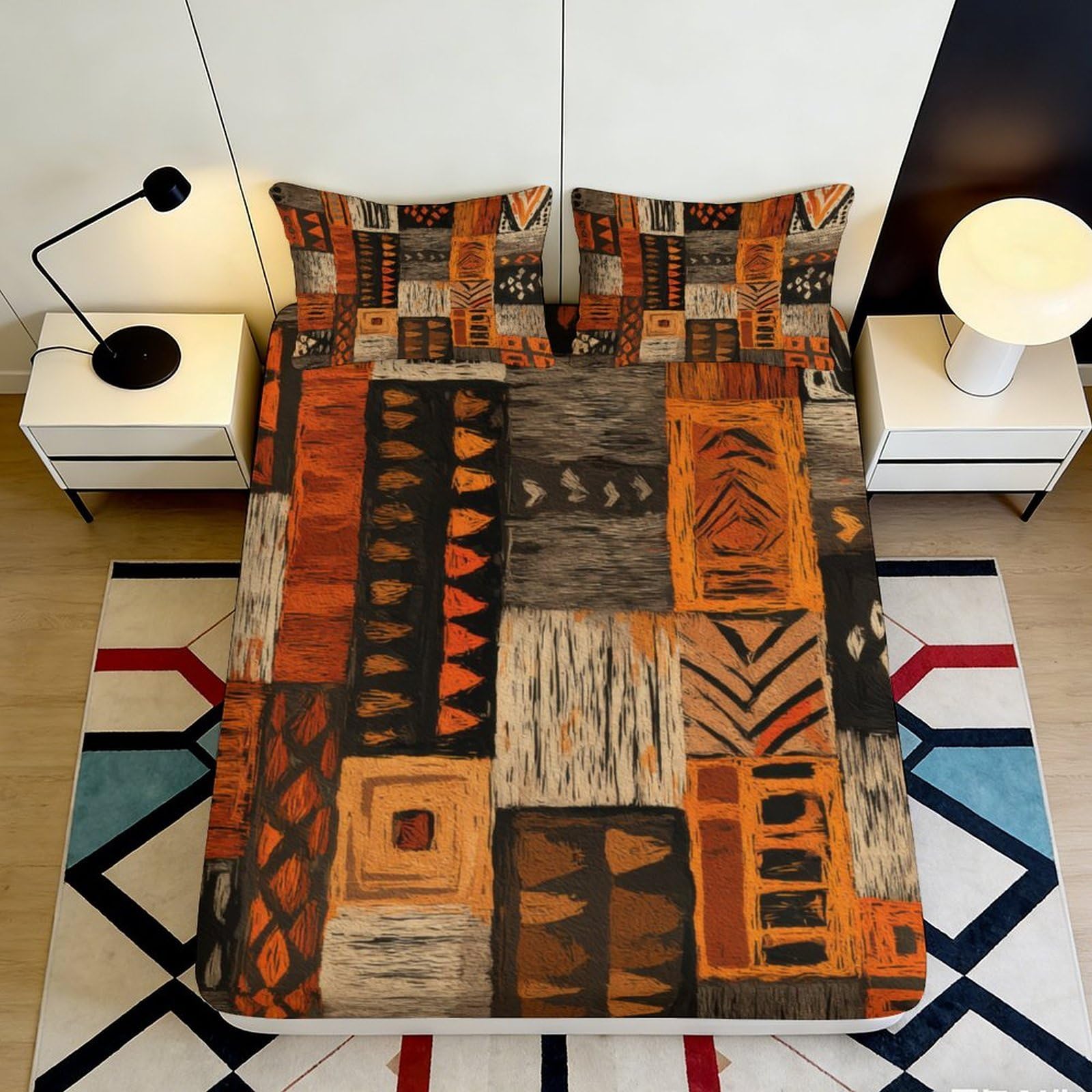 3D Printed Tribal Pattern Fitted Sheet Microfiber Soft Durable Abstract Geometric Bed Cover for Bedroom Dorm Dormitory Guest Room Protection 90x200x25cm