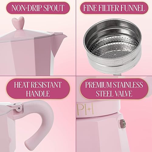 Miniatura 4 de Cafetera de Espresso y Café Paris Hilton para Estufa, Cafetera de Estilo Italiano y Cubano con Manija Icónica en Forma de Corazón, Perfecta para