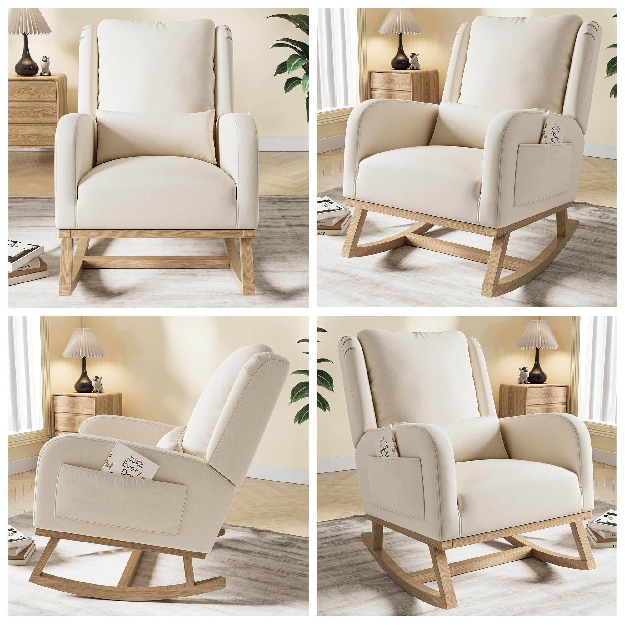 Fotel bujany, tapicerowany, nowoczesny fotel bujany, wysokie oparcie, Accent Glider Rocker, beżowo-lniane krzesło do salonu, sypialni