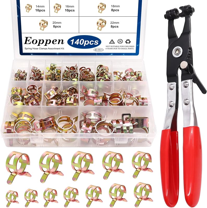 Kit de Abraçadeiras de Mola para Mangueiras Eoppen com Alicate – 140 peças, 12 tamanhos de 6 a 22 mm