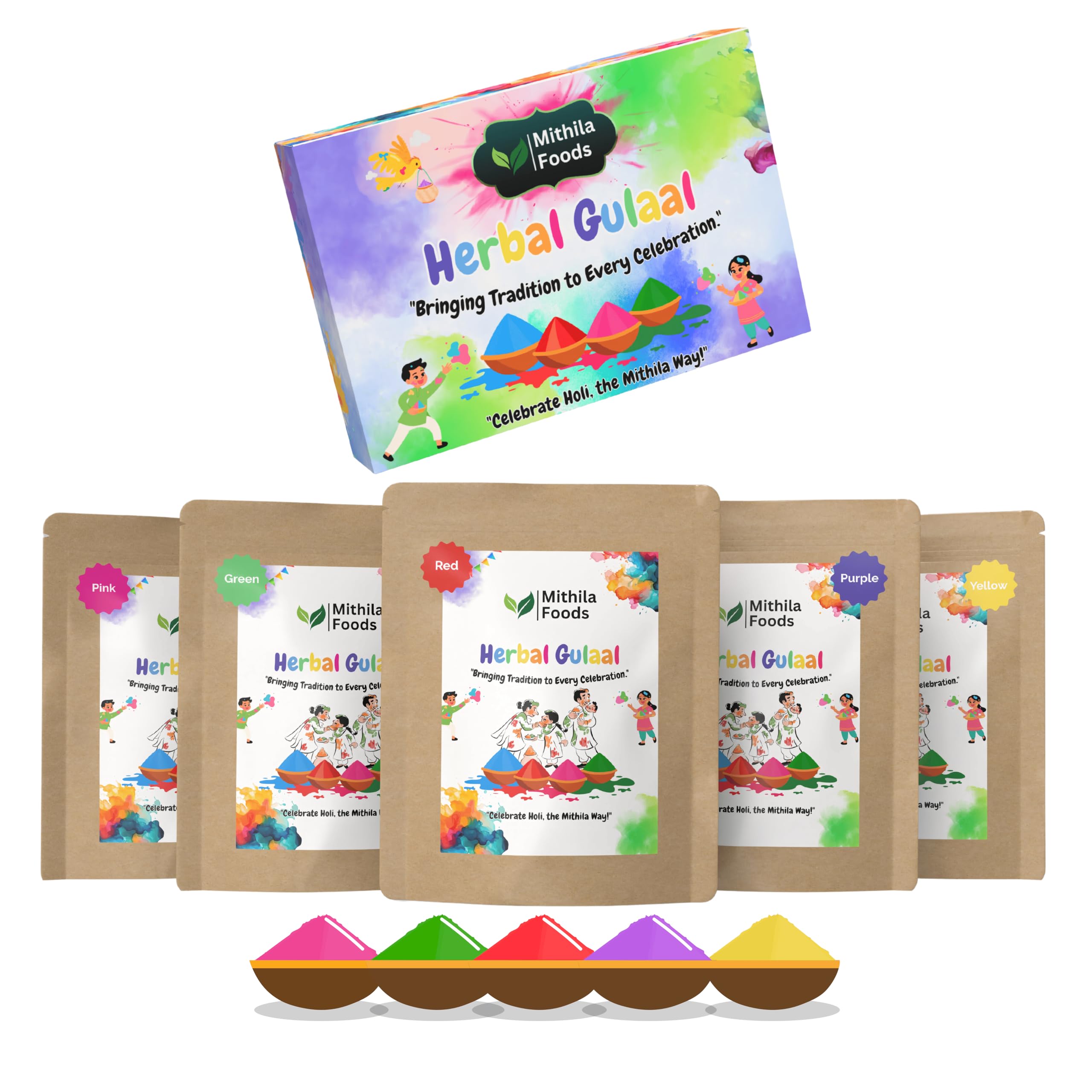 MITHILA FOODS 500g Herbal Gulal Holi Colours | 100% Natural Colours for Holi | Pack of 5 (5 x 100g) | Skin-Safe, Non-Toxic, Gentle on Skin, Easy-Wash, Safe Holi Colours (Red, Yellow, Green, Purple, Pink)