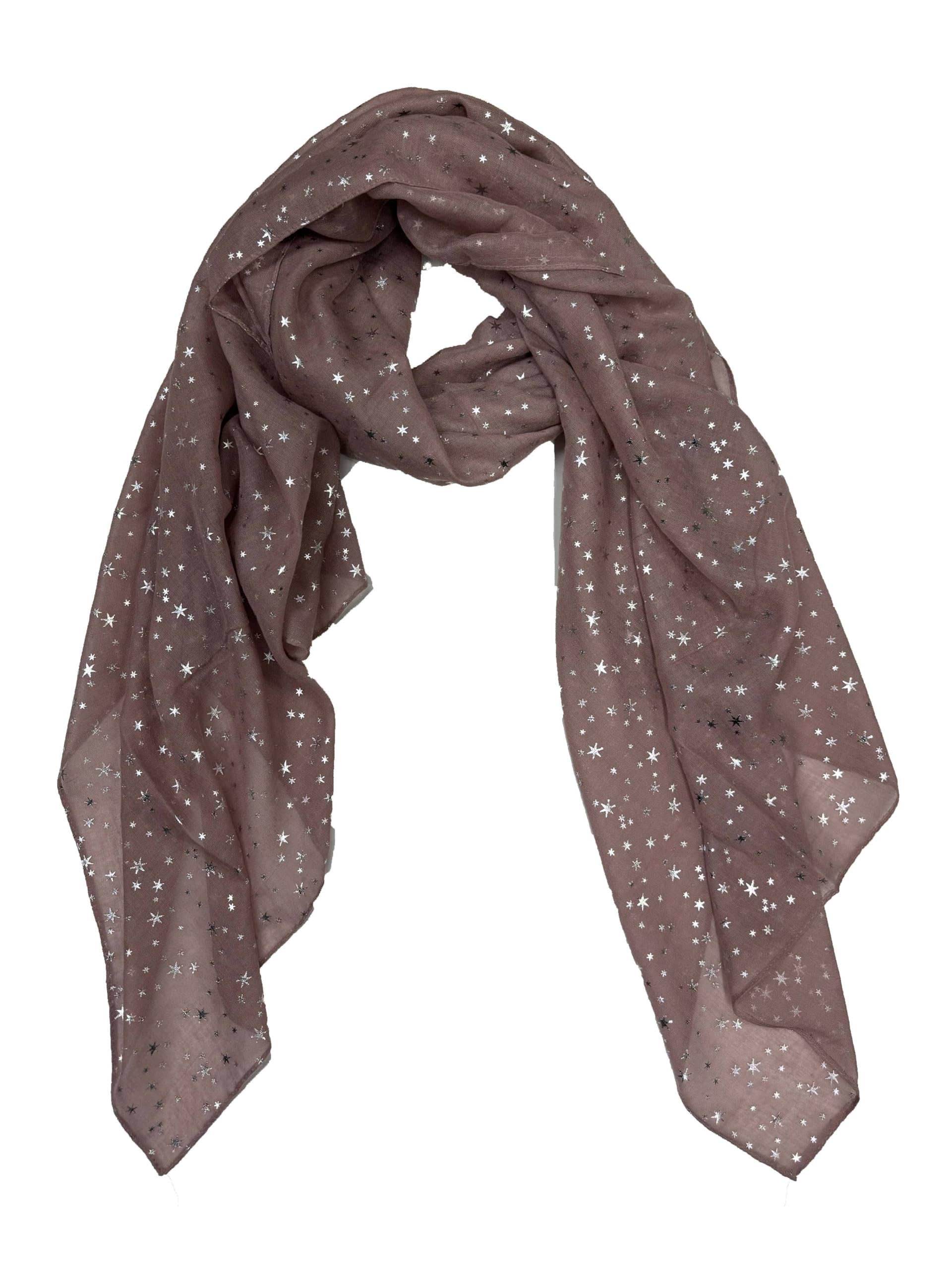 Zac's Alter Ego Women's Blush Long Lightweight Metallic Silver Star Foil Effect Printed Scarf