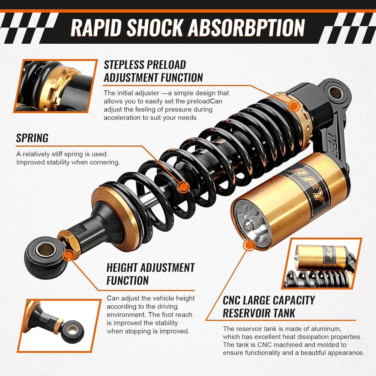 Amortiguador de aire universal para motocicleta 340mm 7mm suspensión trasera 50cc-250cc Negro Oro