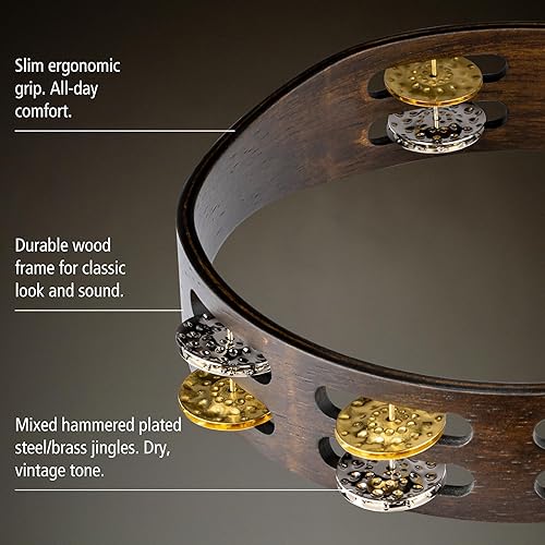 Miniatura 3 de Meinl Percussion Pandereta de madera vintage con tintas de acero chapado martilladolatón macizo doble fila no fabricada en China para todos los