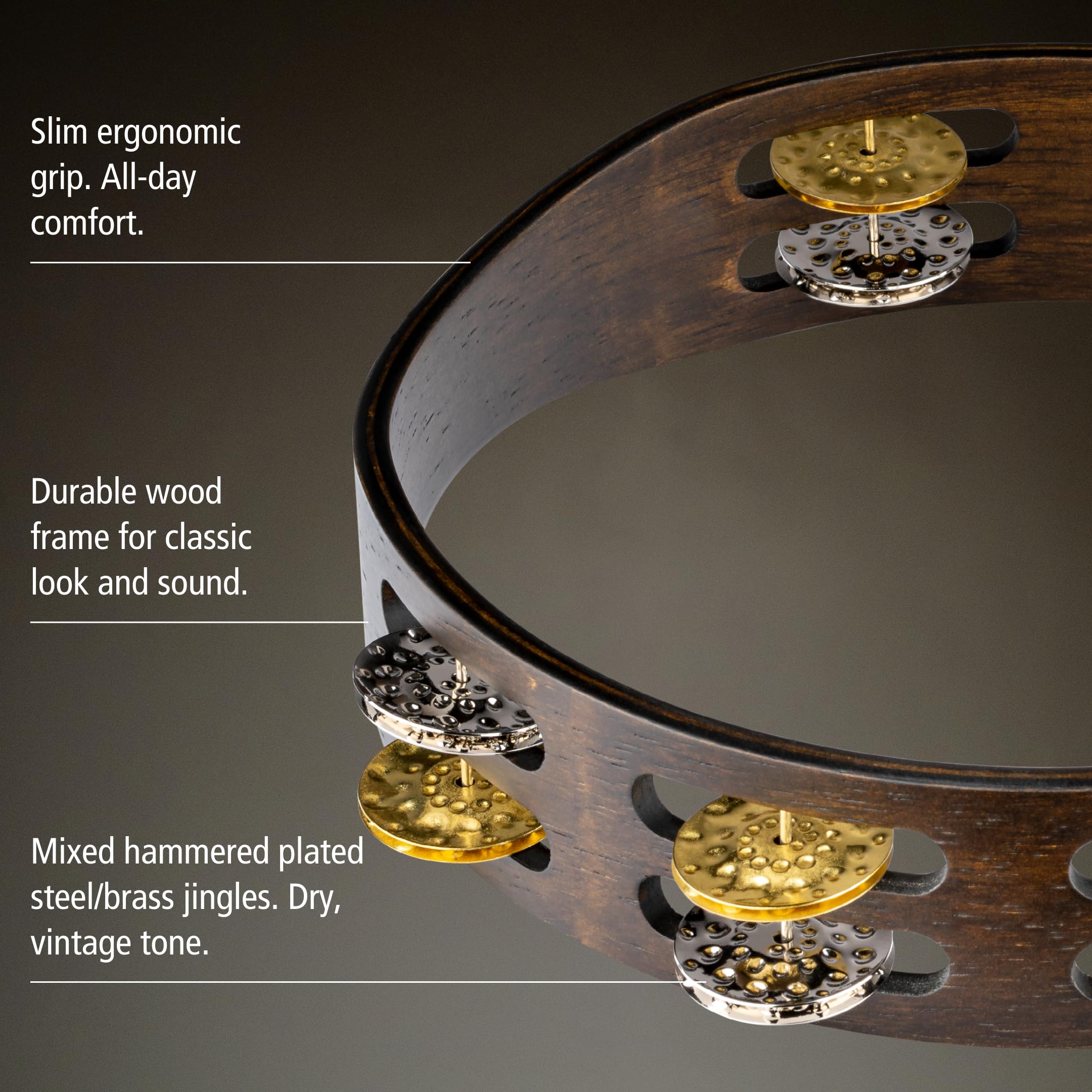 Meinl Percussion Vintage Wood Tambourine - 2-reihiges Tamburin - Durchmesser 10 Zoll - Siam Eiche / Messing und Stahl, Walnut Brown / Natur (TA2VM-WB) | Tamburin mit 2 Reihen Jingles, Durchmesser 10 Zoll, Holz, Stahl und Messing