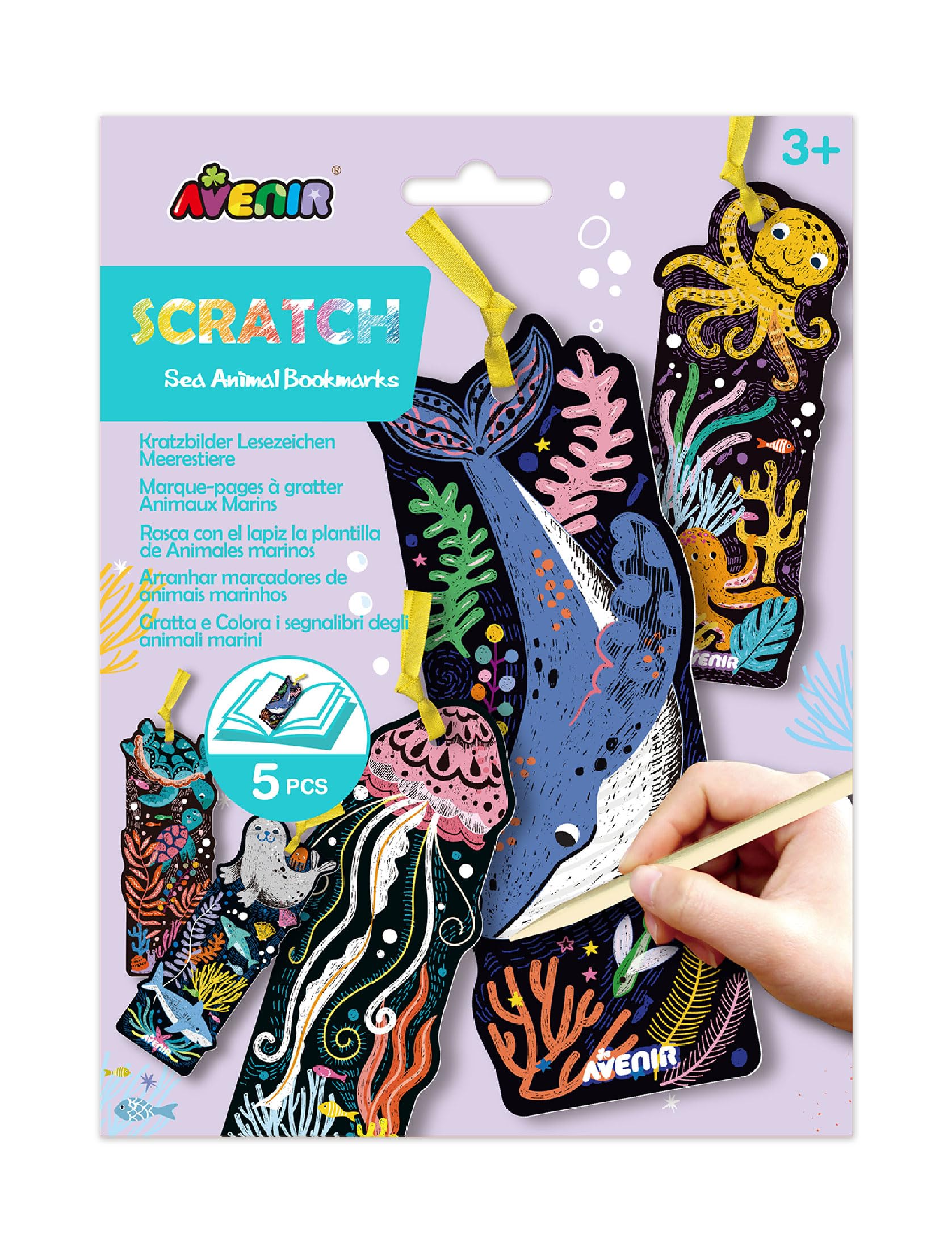Avenir Scratch Art Bookmarks - Sea Animals Theme, Create 5 Bookmarks by Scratching The Paper and Revealing The Designs and Colours, A Fun DIY Creative Activity. for Ages 3-12 Years