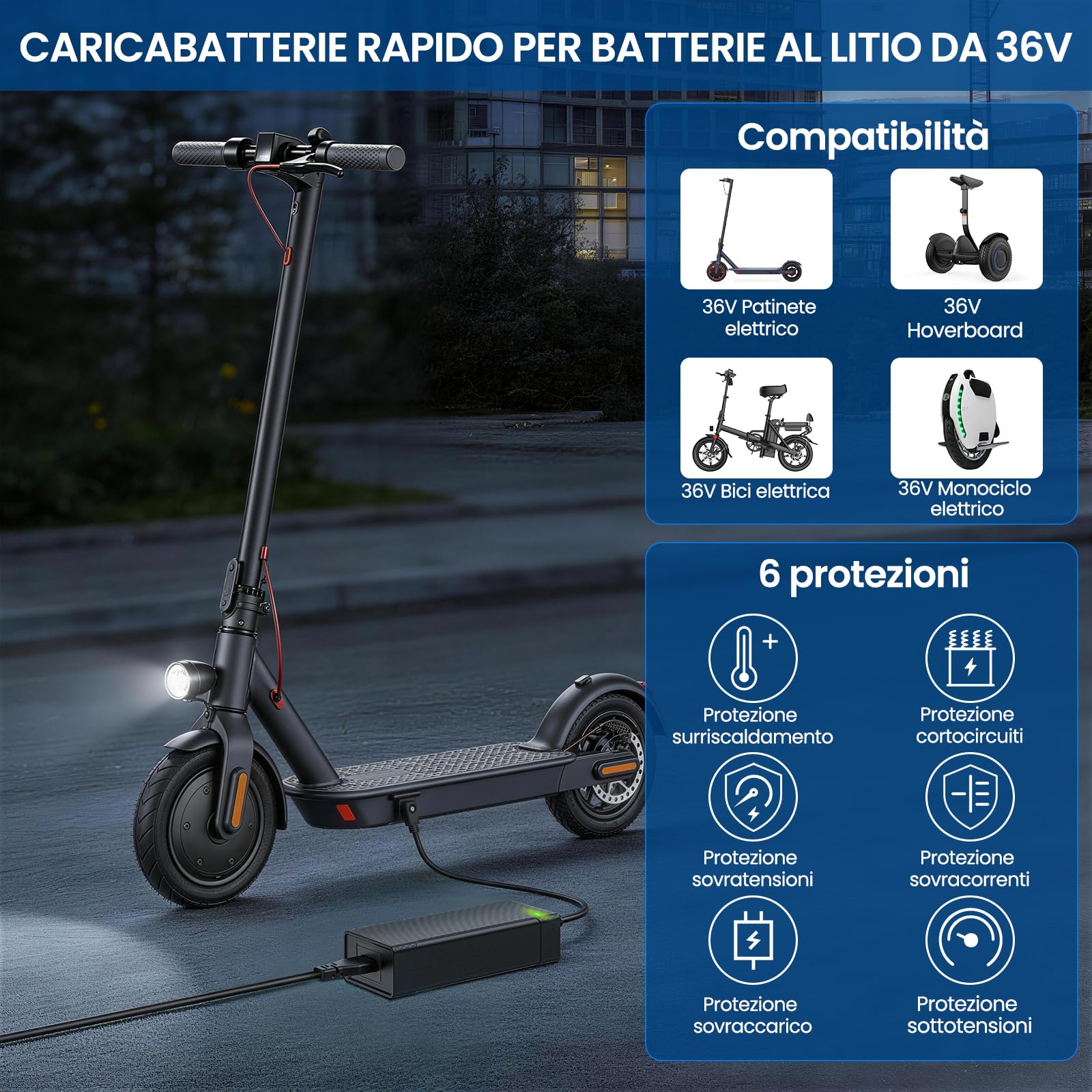 Caricabatterie per Monopattino Elettrico, 42V 2A Caricabatterie Hoverboard 36V Monopattino Batteria con 4 Connettori per Hoverboard, Scooter Elettrico, Tavola da Drift, per X-iaomi, S-egway