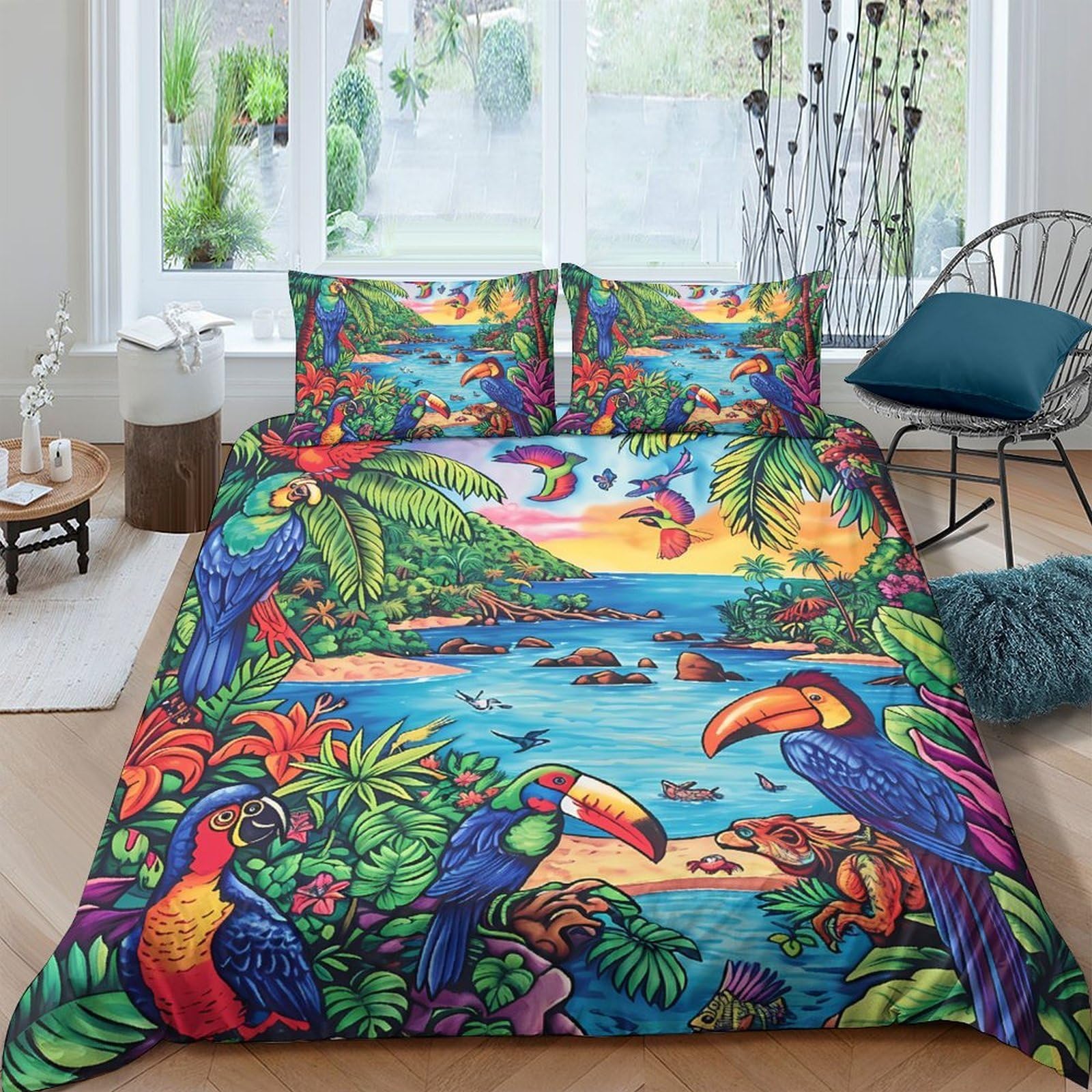 Ctjqhvkz Style-5 3D Printed Tropical Rainforest Fitted Sheet Microfiber Soft Parrot Lake Mattress Cover For Bedroom Guest Room Decor Single（135X200cm）