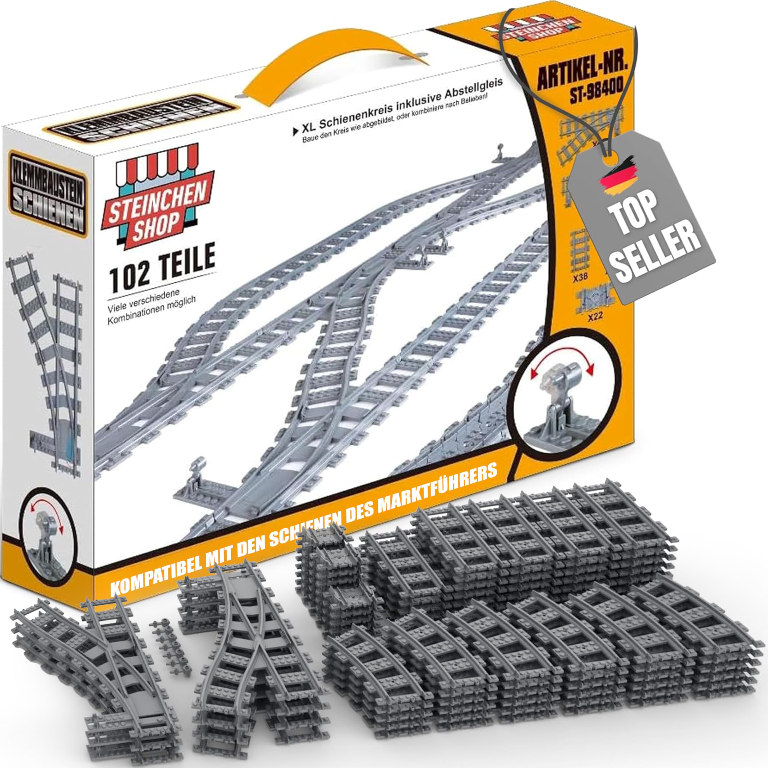 City Set Di Binari Per Treno: 24 Curve + 8 Dritte, Compatibili Con Lego E Altri Marchi, Crea Un Circuito Da 160x70 Cm