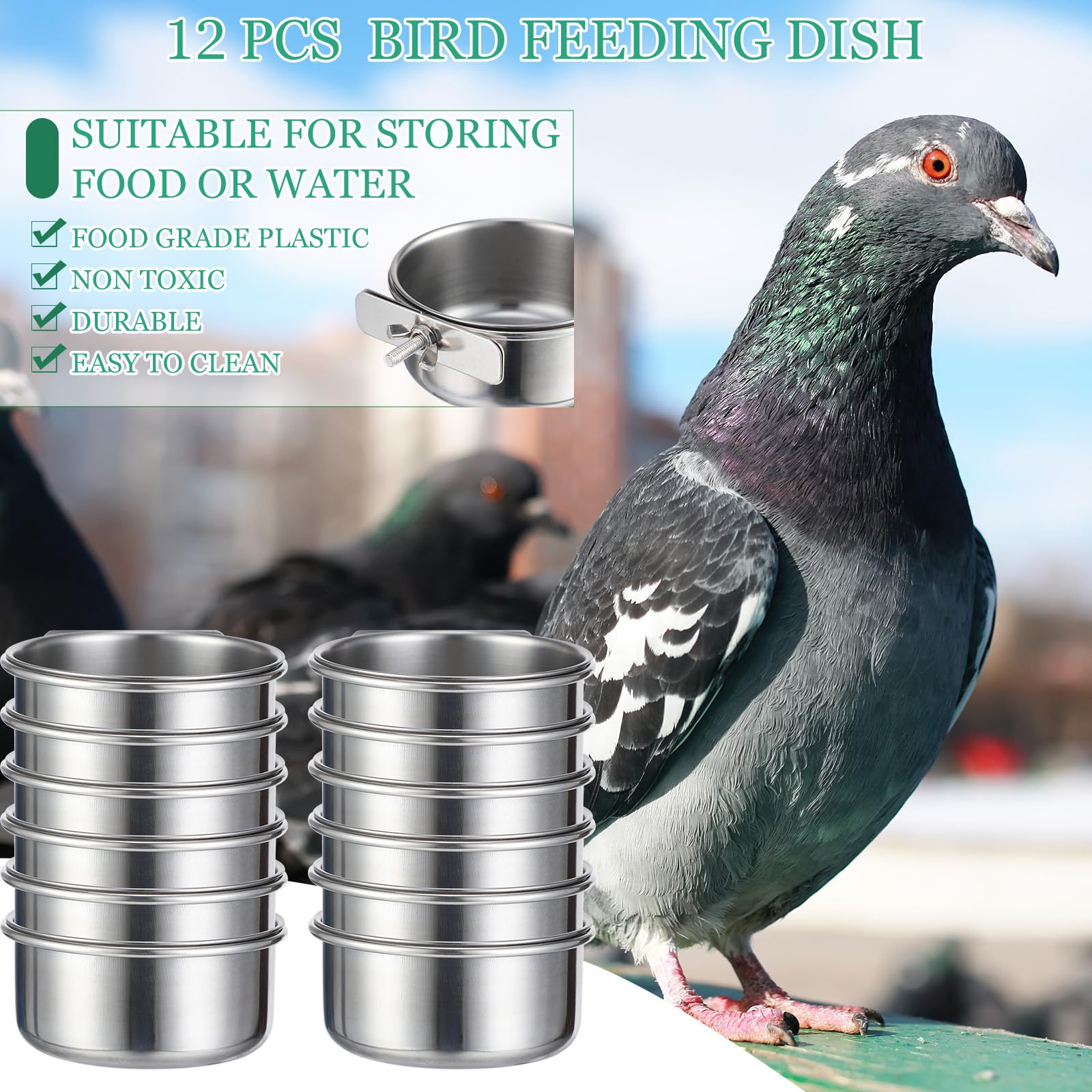 12 Pcs 10 oz Stainless Steel Bird Feeding Dish Cups Bird Feeder with Clamp Parrot Food Cups for Cage Pet Water Cage Bowls for Budgies Parakeet Cockatiel Small Animal - image 3