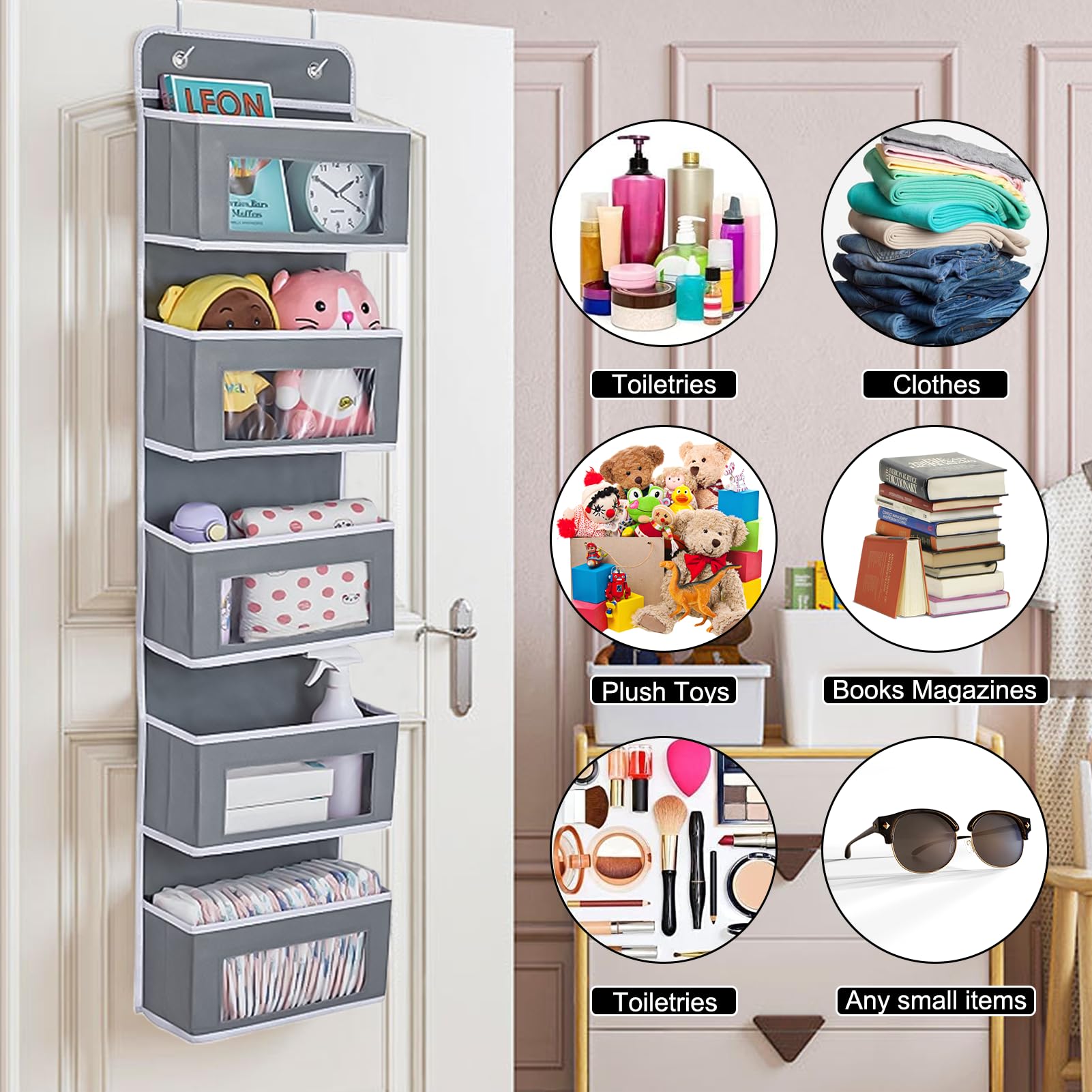Syfunlv Organizzatore sospeso a 5 livelli, organizer da porta, in tessuto, da appendere, con 5 grandi tasche con finestra e 2 ganci in metallo, per camera da letto, ufficio, cameretta dei bambini
